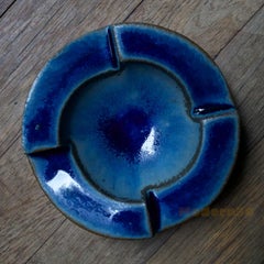 1970s Spiral Geometric Stoneware Blue Dish Bowl Architectural Cabinmodern