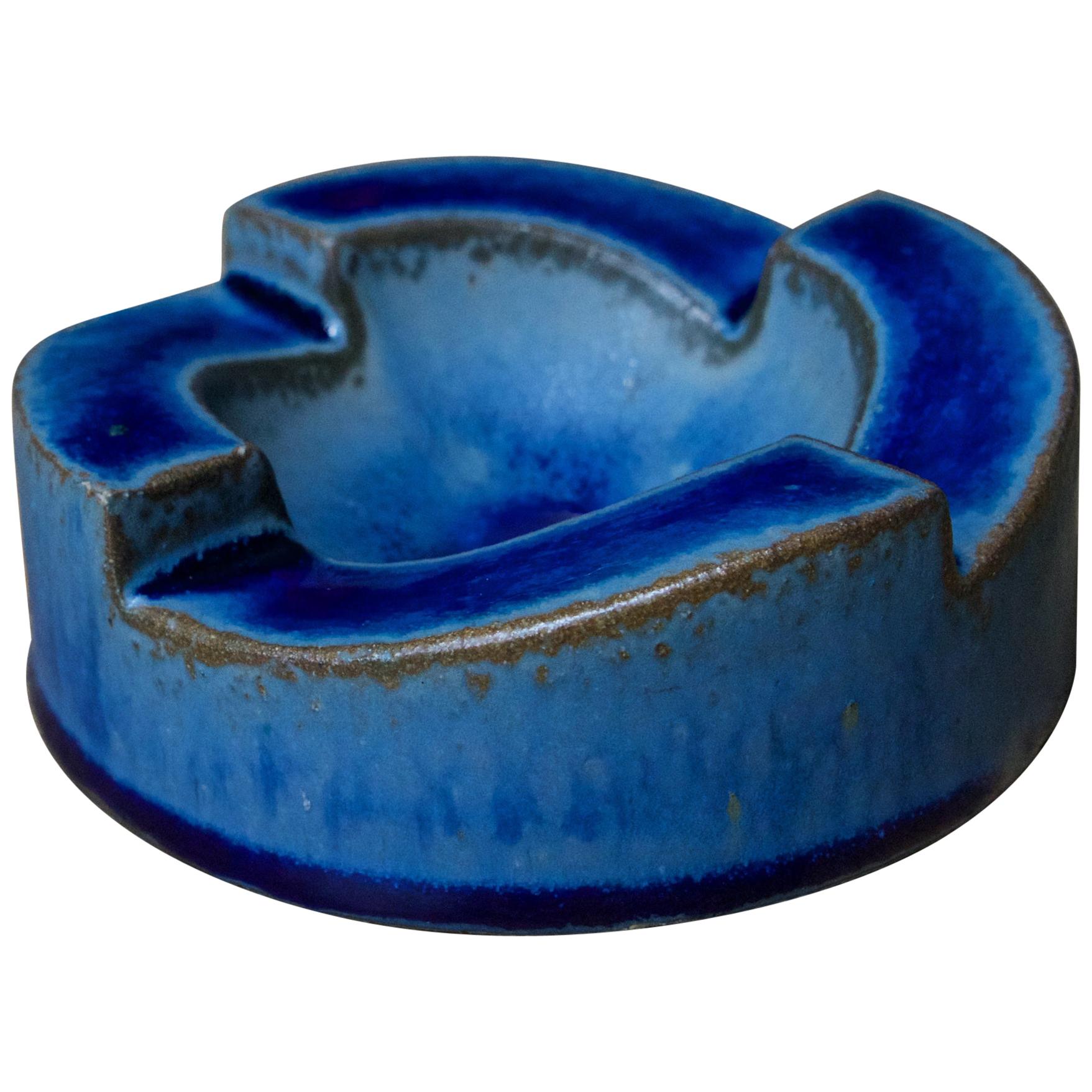 1970s Spiral Geometric Stoneware Blue Dish Bowl Architectural Cabinmodern For Sale