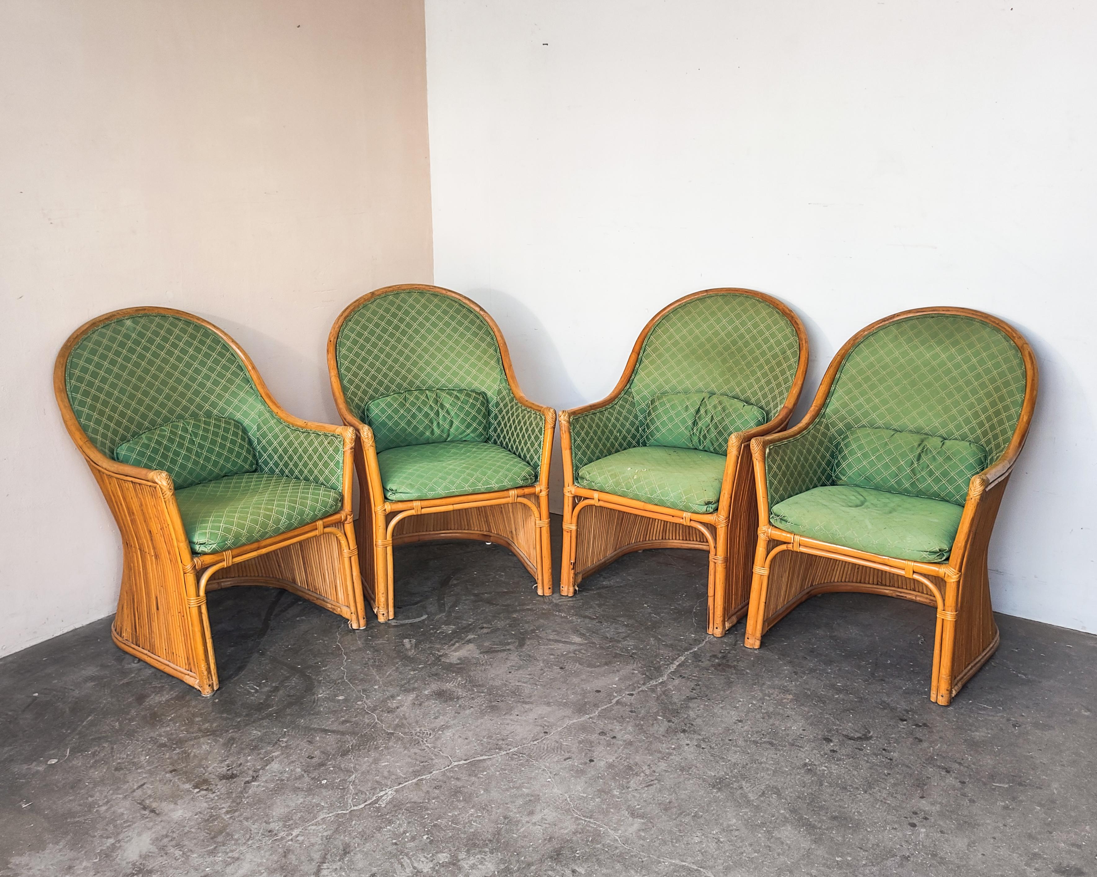 Bohemian 1970s Split Pencil Reed Rattan Sculptural Set of 4 Dining Chairs