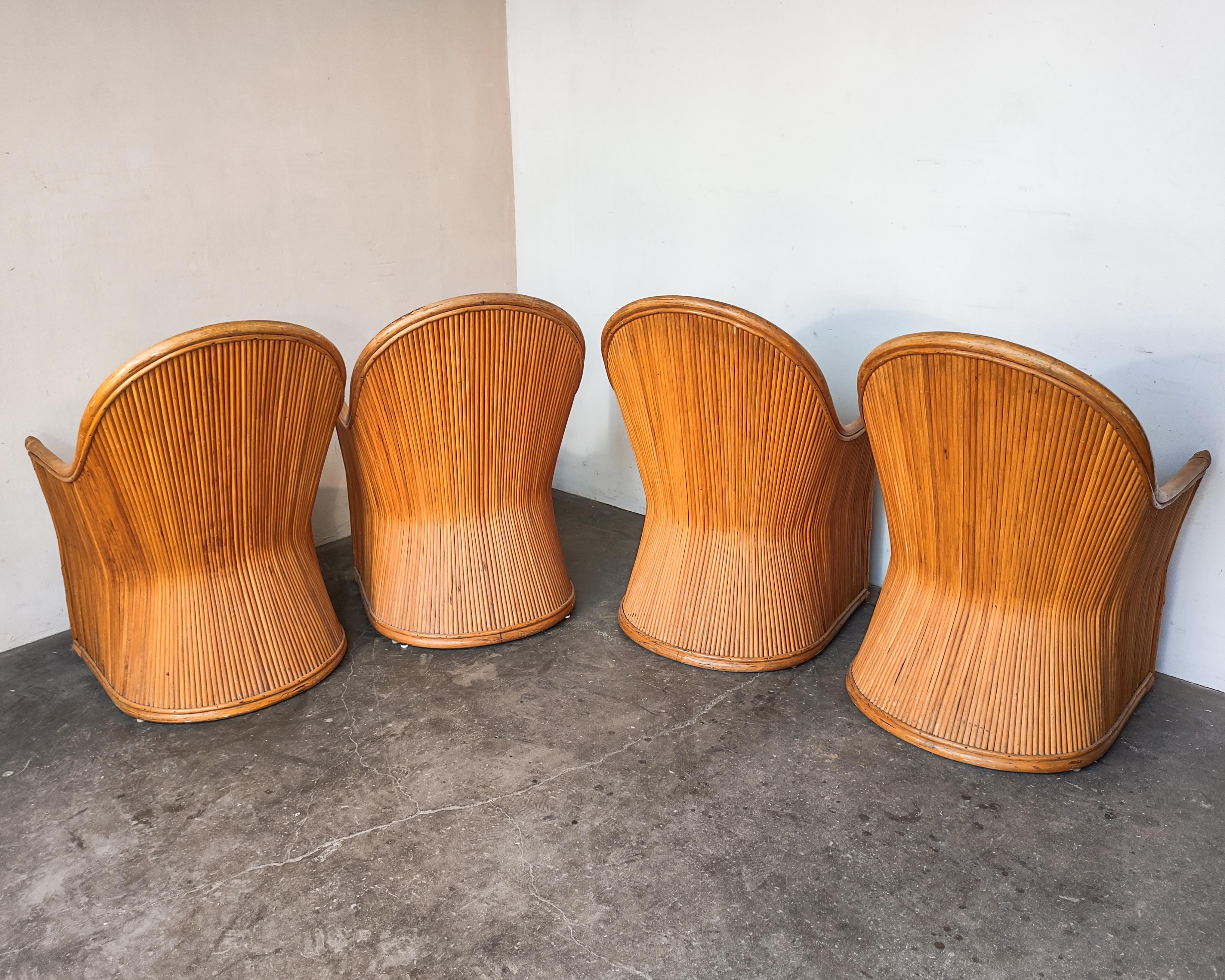 1970s Split Pencil Reed Rattan Sculptural Set of 4 Dining Chairs In Good Condition In Hawthorne, CA