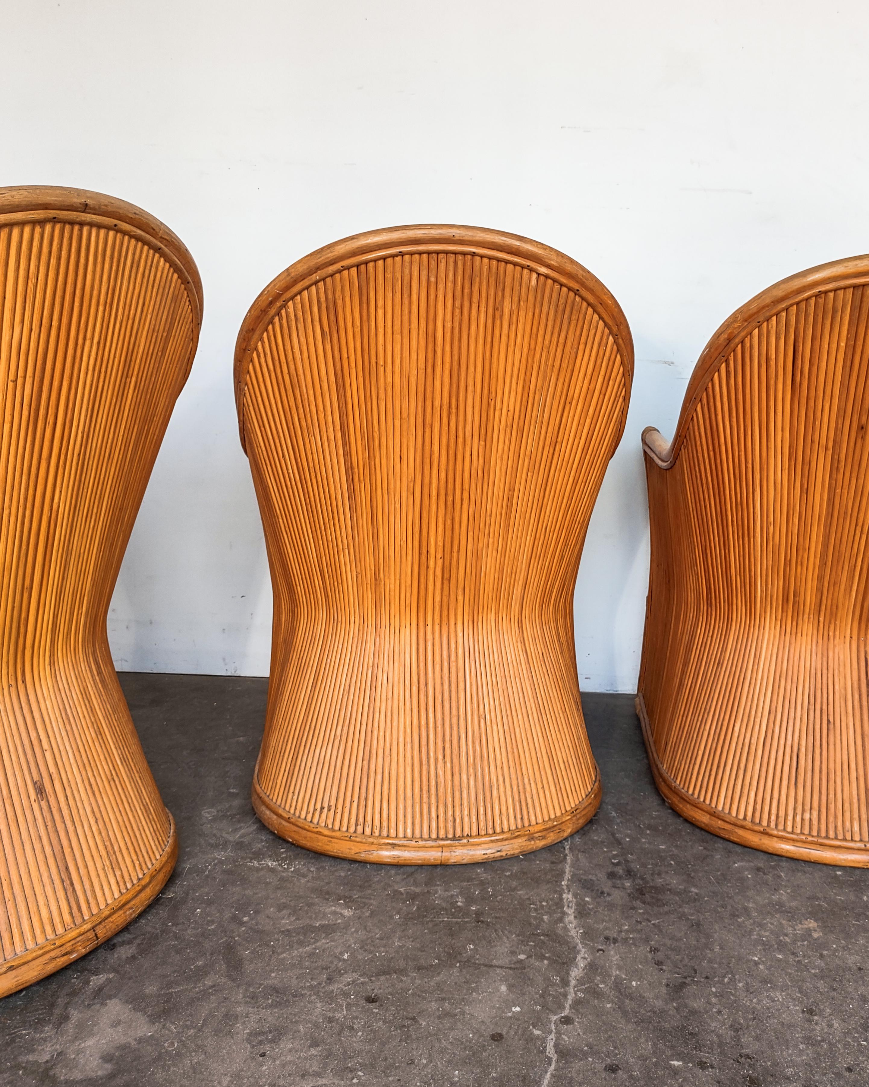 Late 20th Century 1970s Split Pencil Reed Rattan Sculptural Set of 4 Dining Chairs