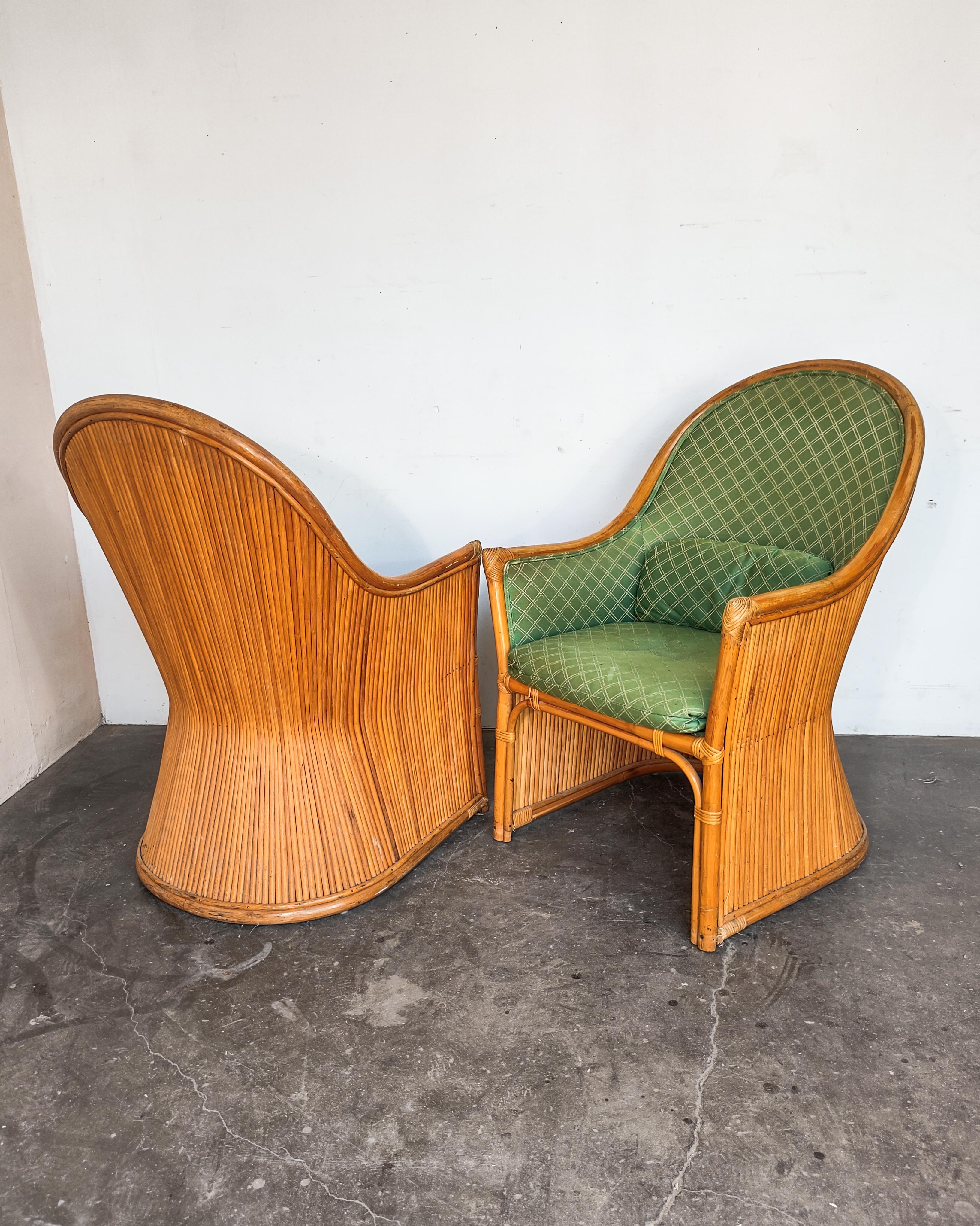1970s Split Pencil Reed Rattan Sculptural Set of 4 Dining Chairs 1