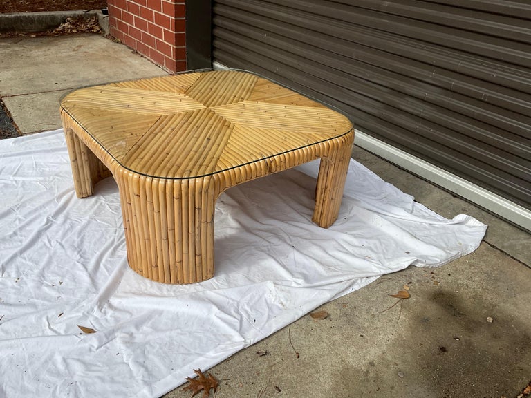 1970s Split Rattan Waterfall Coffee Table w/ Glass For Sale at 1stDibs