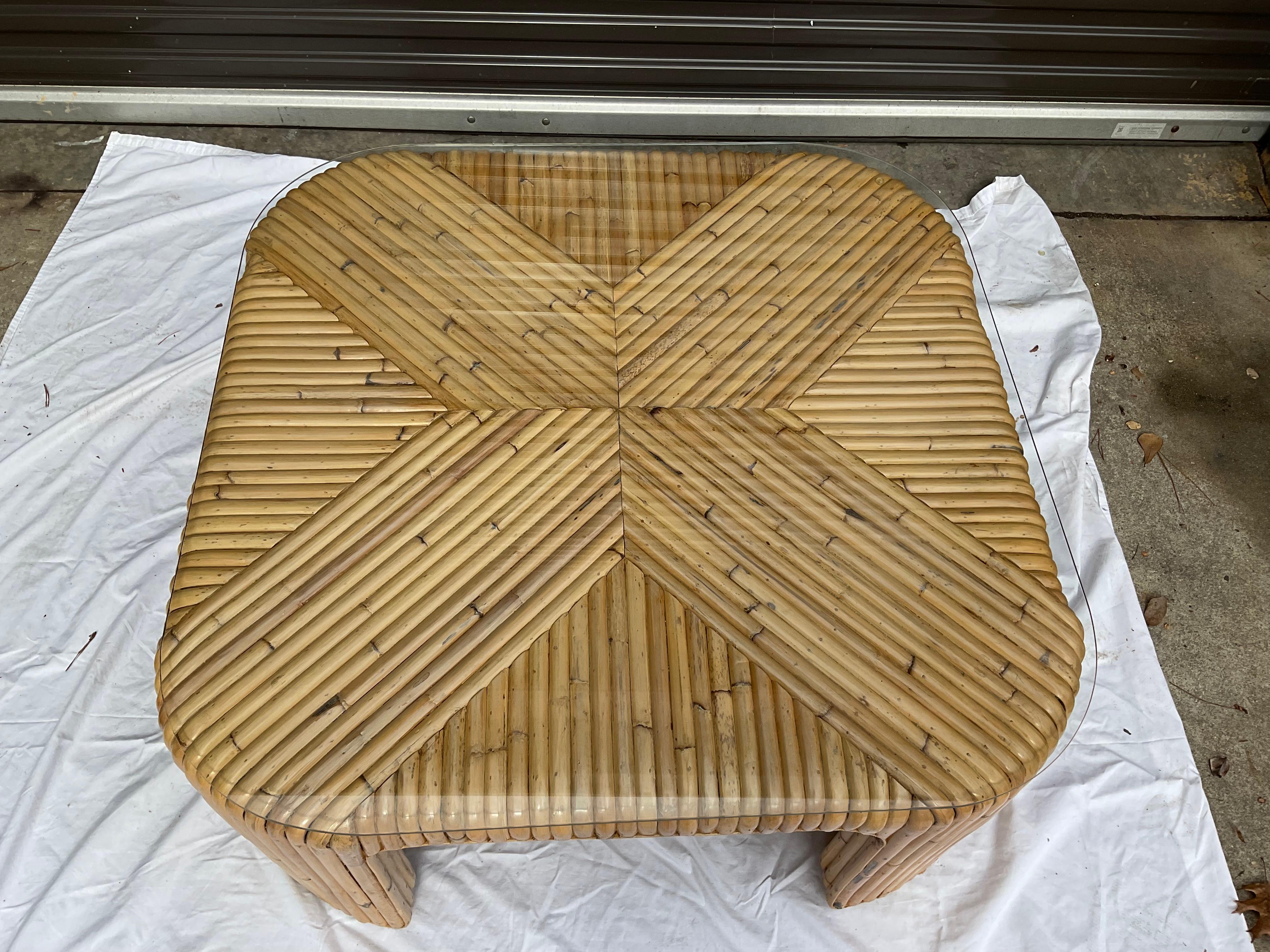 Philippine 1970s Split Rattan Waterfall Coffee Table with Glass