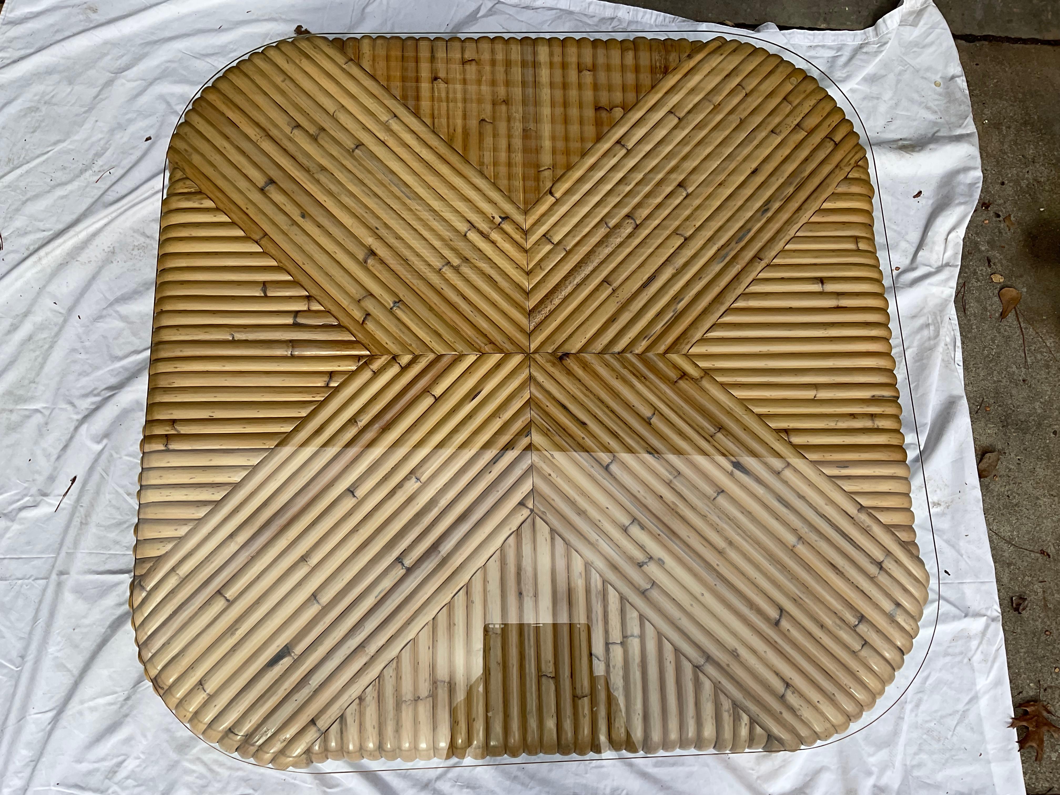 Late 20th Century 1970s Split Rattan Waterfall Coffee Table with Glass