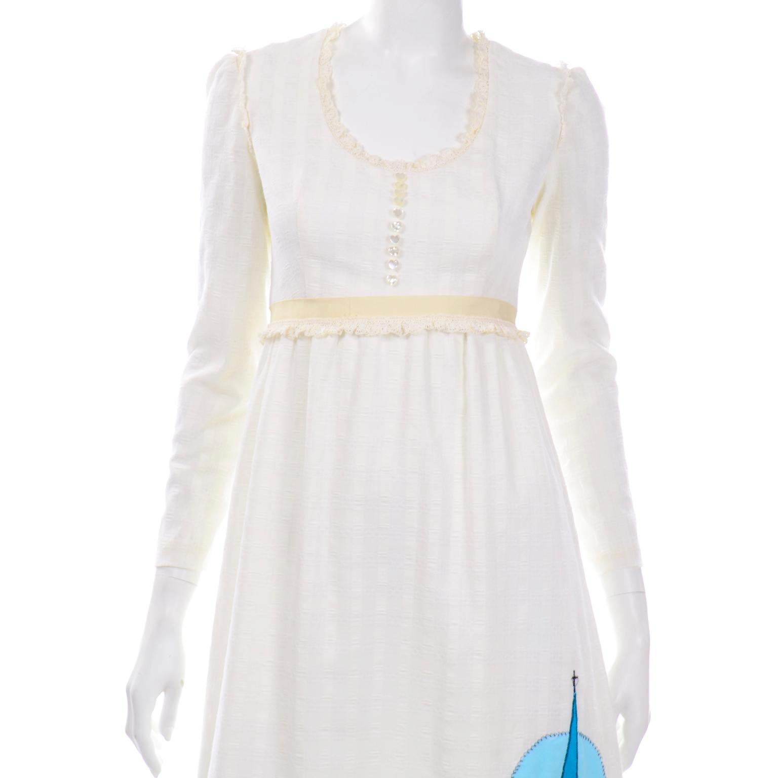 1970s Spring Bride Victorian Inspired Vintage Ivory Cotton Applique Maxi Dress 4