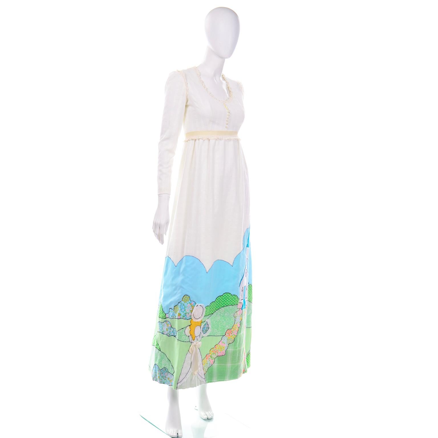 1970s Spring Bride Victorian Inspired Vintage Ivory Cotton Applique Maxi Dress In Excellent Condition In Portland, OR