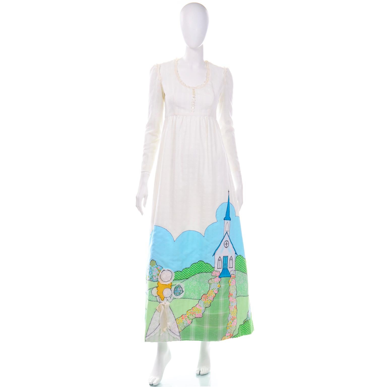 Women's 1970s Spring Bride Victorian Inspired Vintage Ivory Cotton Applique Maxi Dress
