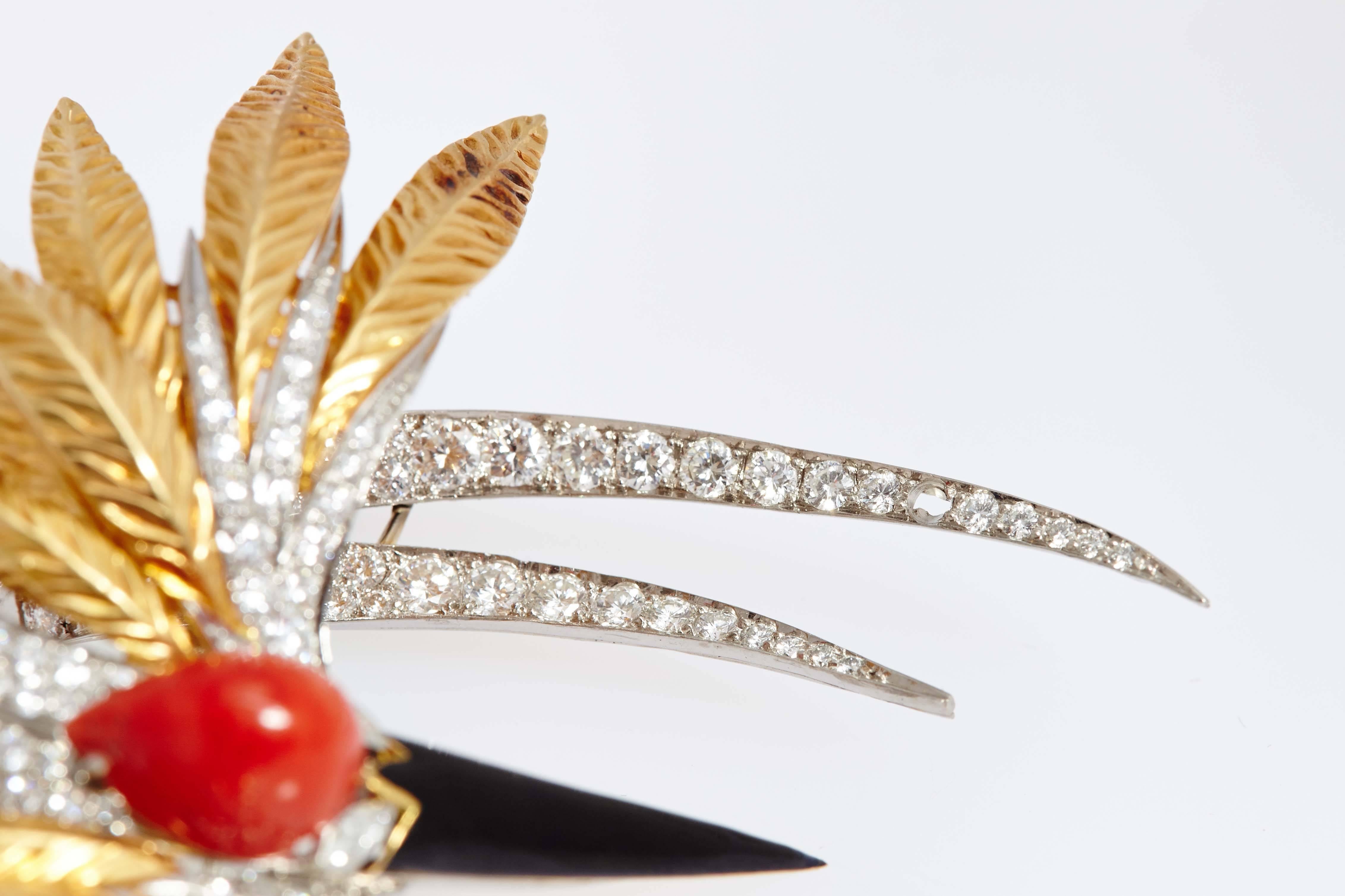 Brilliant Cut 1970s Spritzer & Fuhrmann Coral Onyx Diamond Gold Stork Bird Brooch For Sale