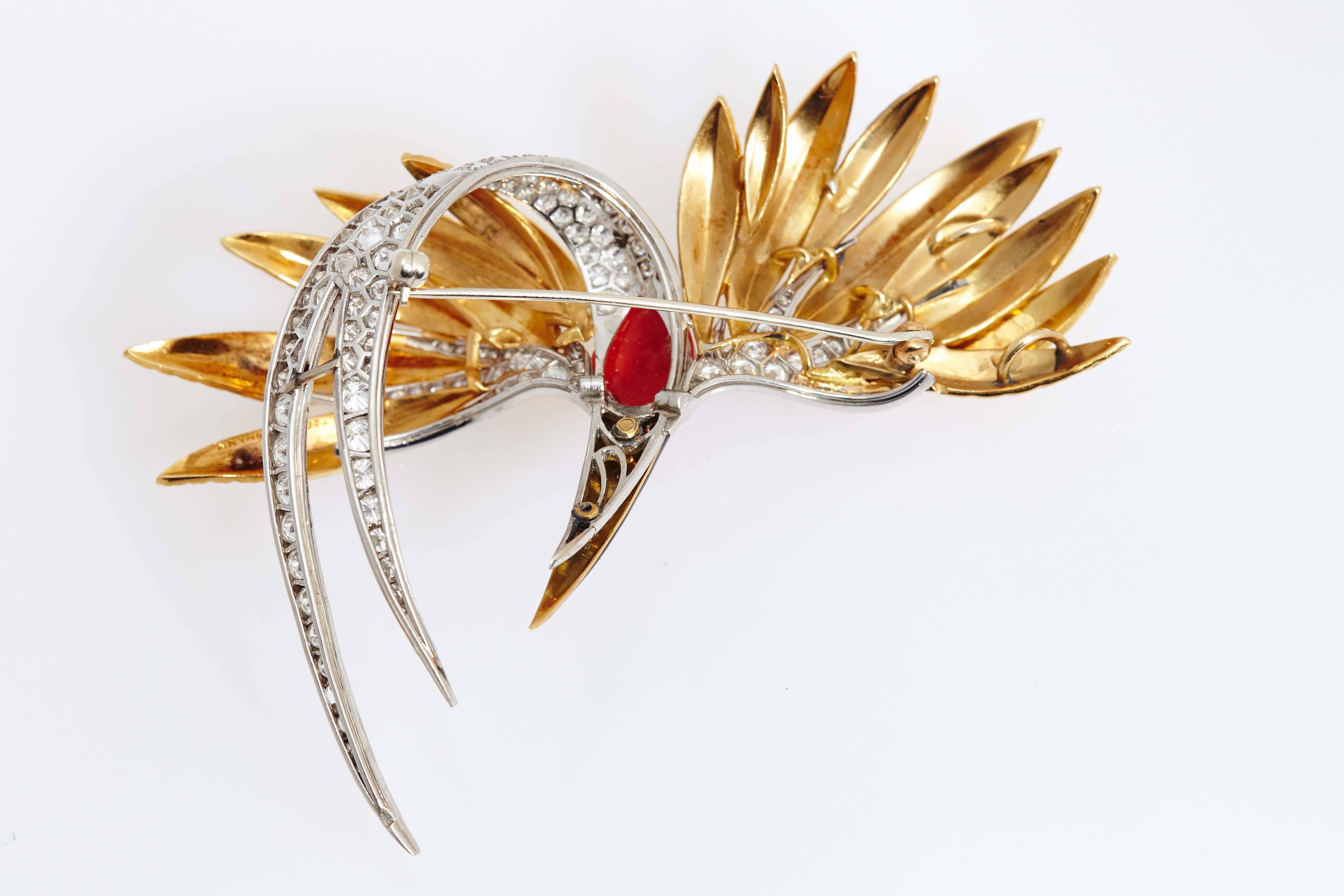 Women's or Men's 1970s Spritzer & Fuhrmann Coral Onyx Diamond Gold Stork Bird Brooch For Sale