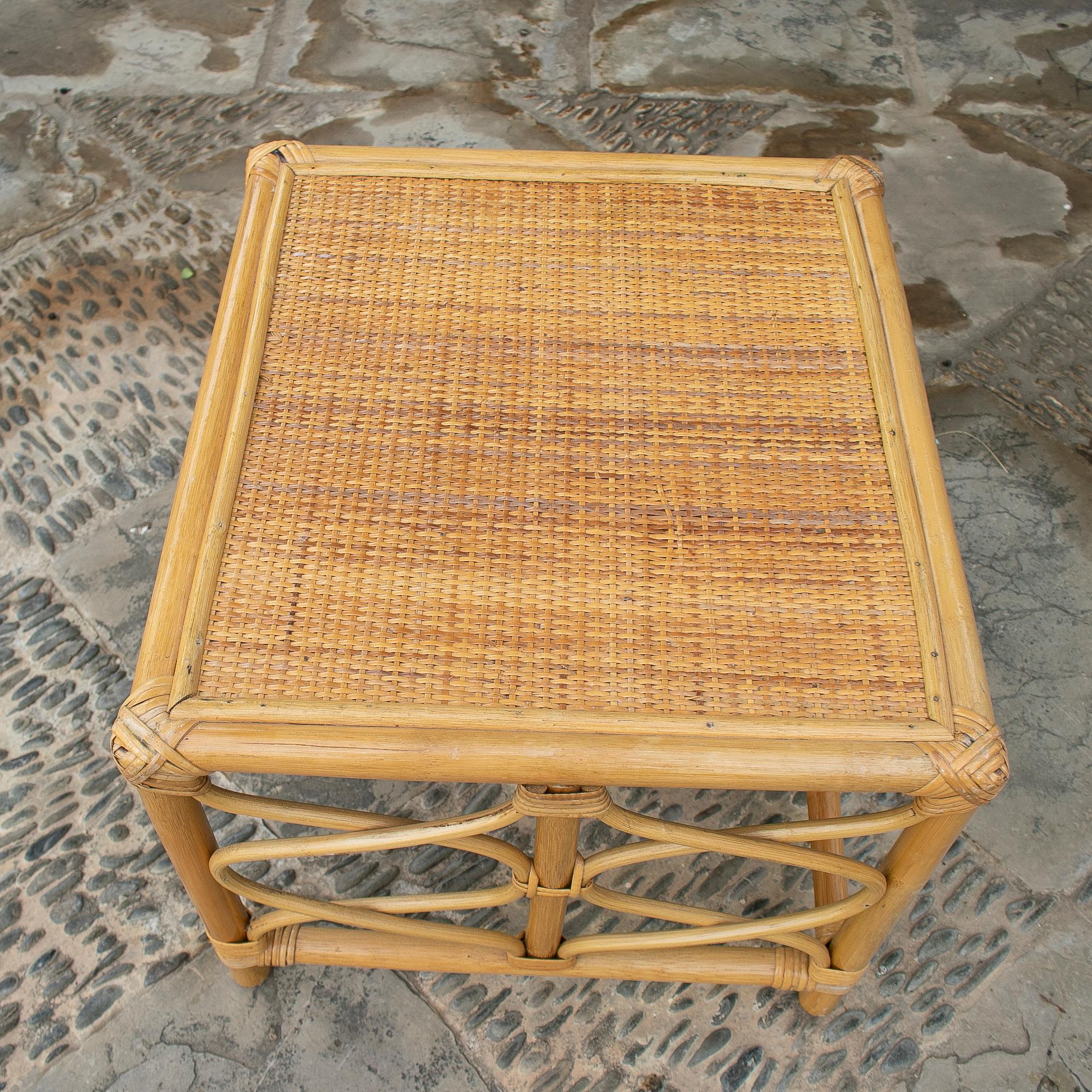 1970's Square Bamboo and Wicker Side Table 5