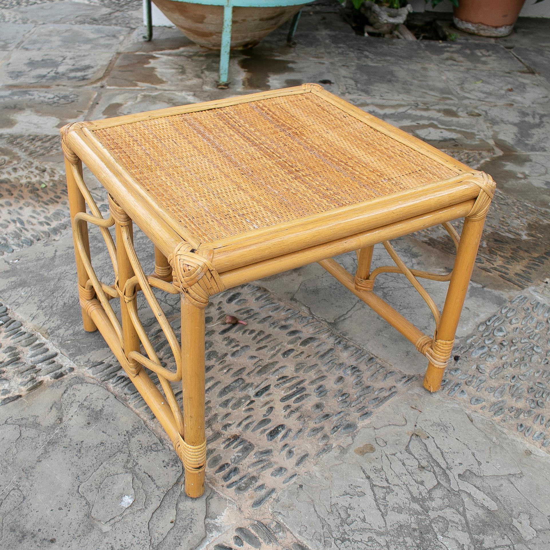 1970's Square bamboo and wicker side table.