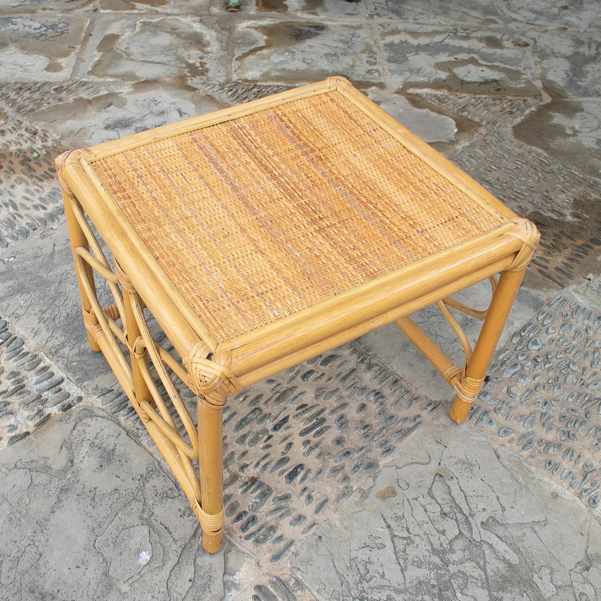 European 1970's Square Bamboo and Wicker Side Table