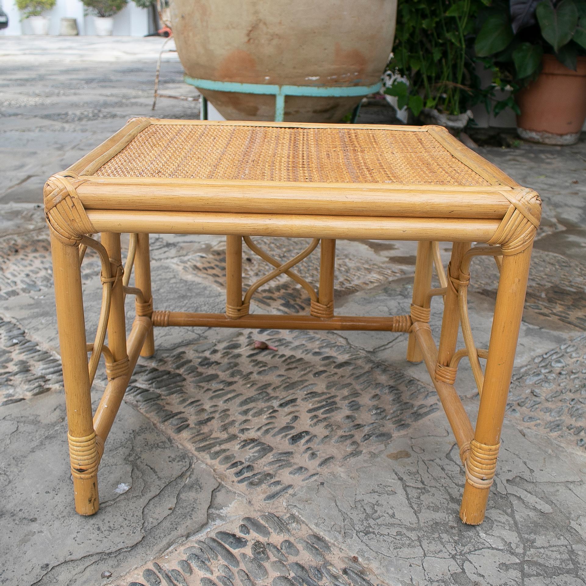 20th Century 1970's Square Bamboo and Wicker Side Table