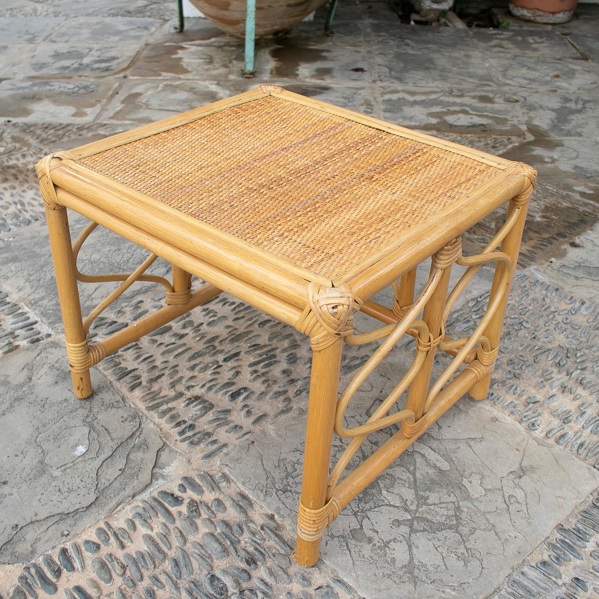 1970's Square Bamboo and Wicker Side Table 1