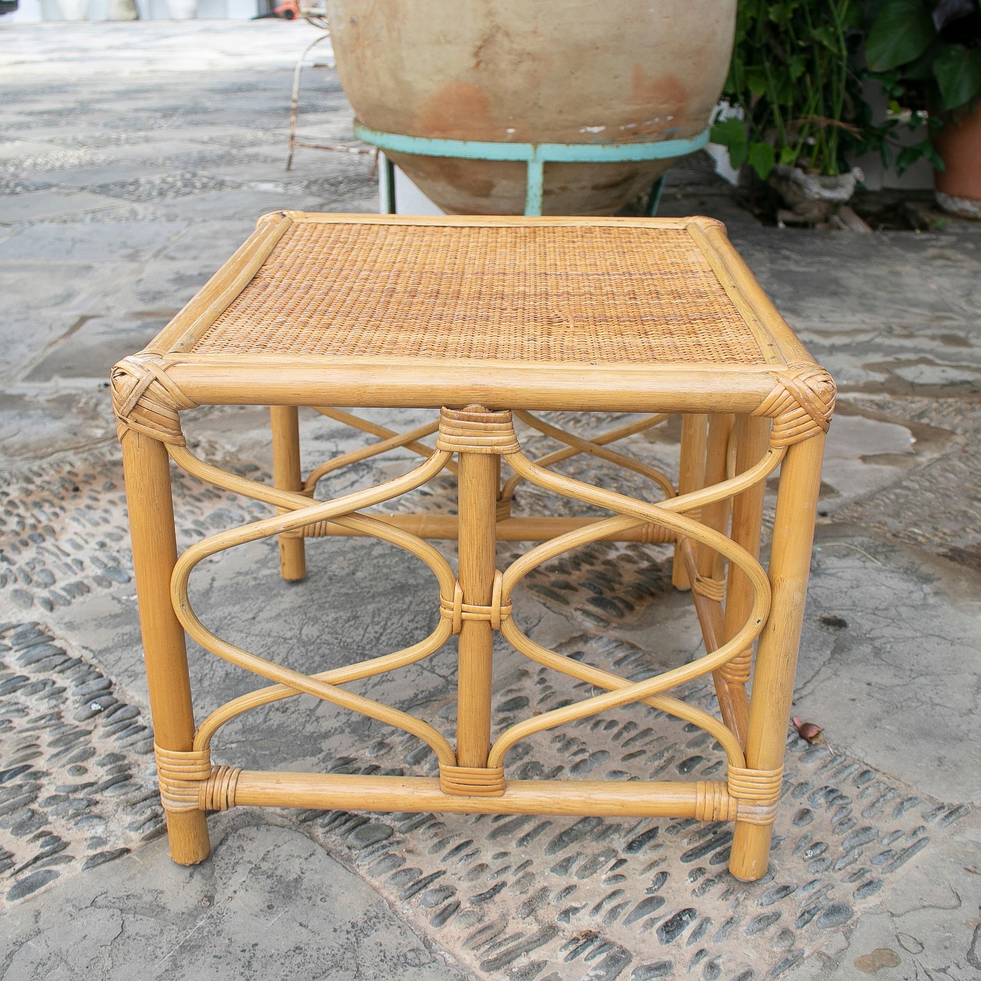1970's Square Bamboo and Wicker Side Table 3