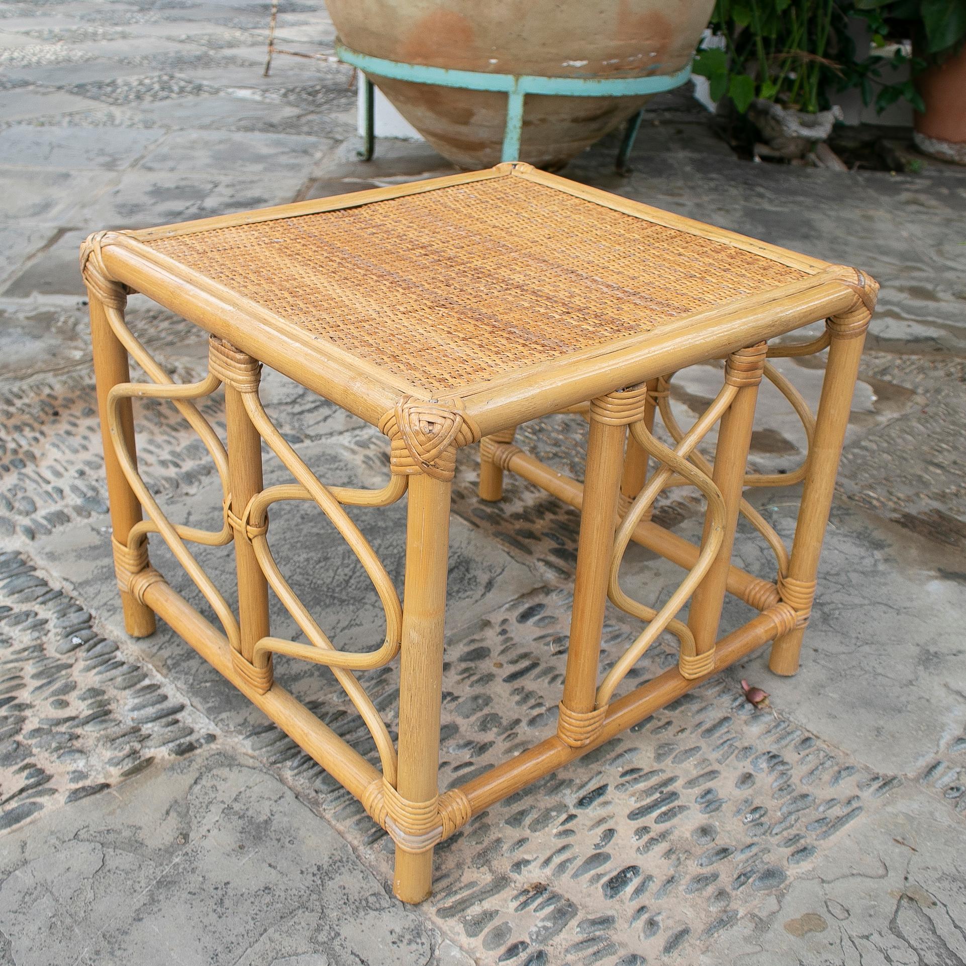 1970's Square Bamboo and Wicker Side Table 4