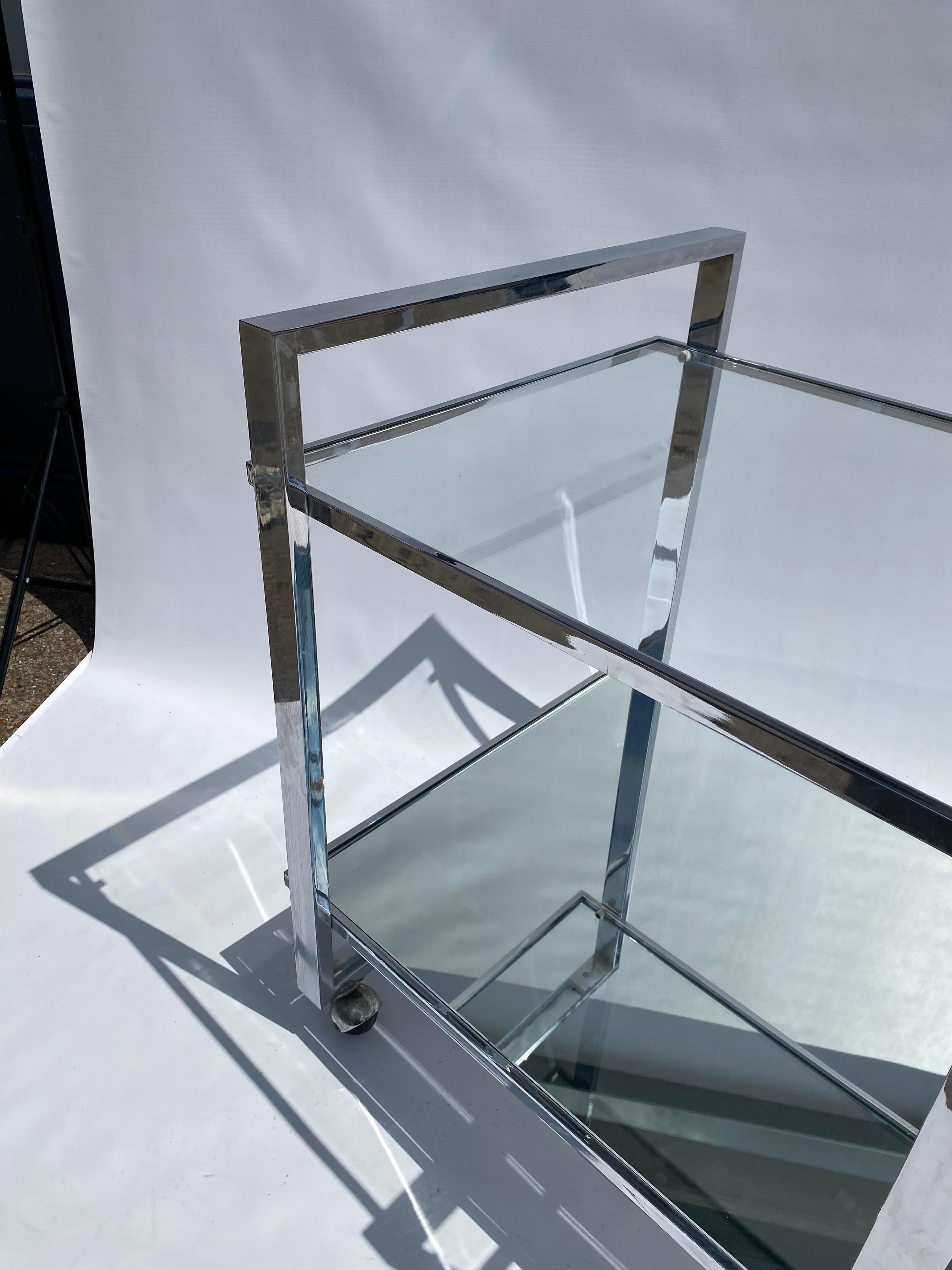 1970s Square Bar Cart Drinks Trolley Chrome Table Rega Glass Hollywood Regency For Sale 4