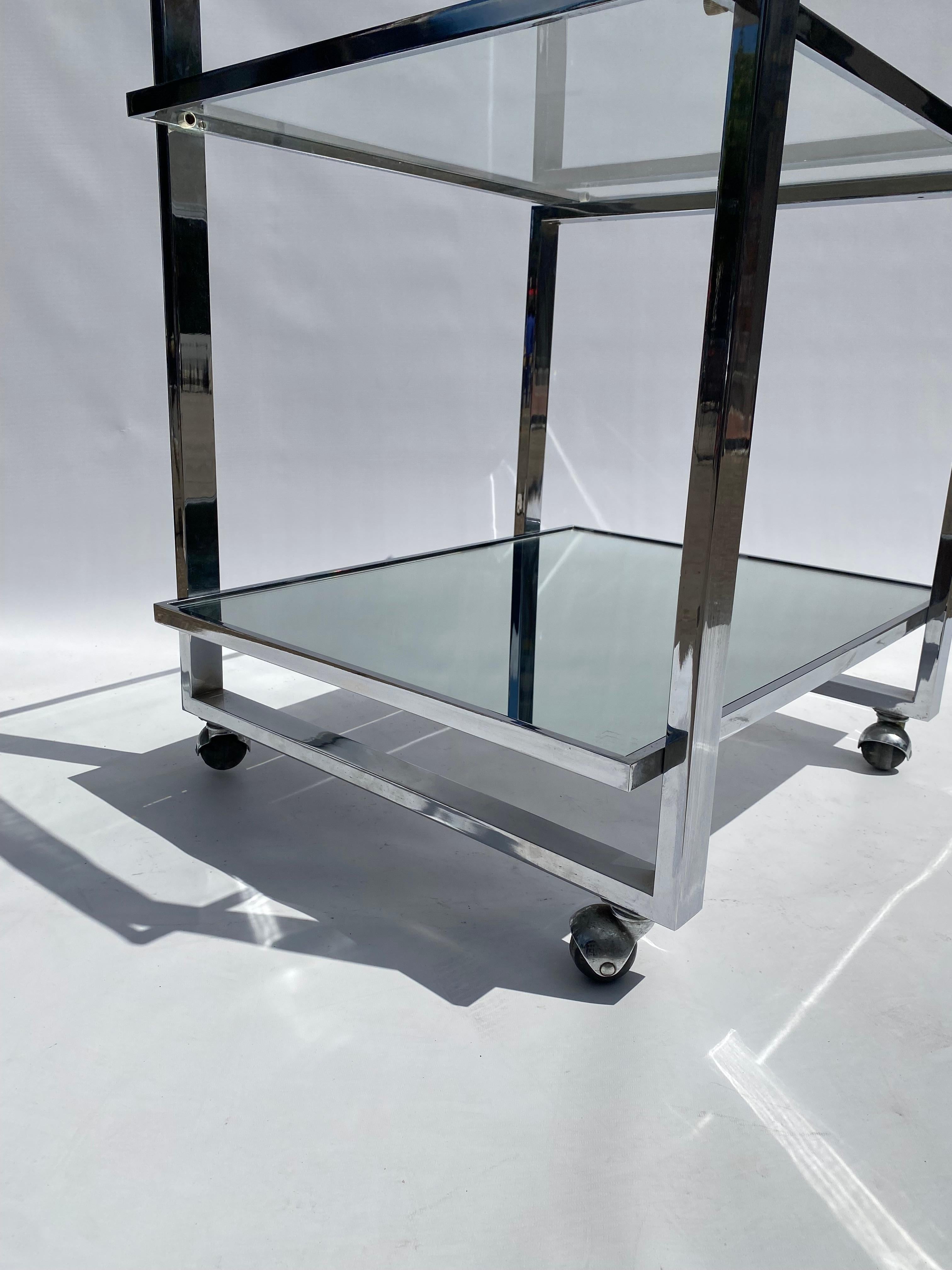 1970s Square Bar Cart Drinks Trolley Chrome Table Rega Glass Hollywood Regency For Sale 5