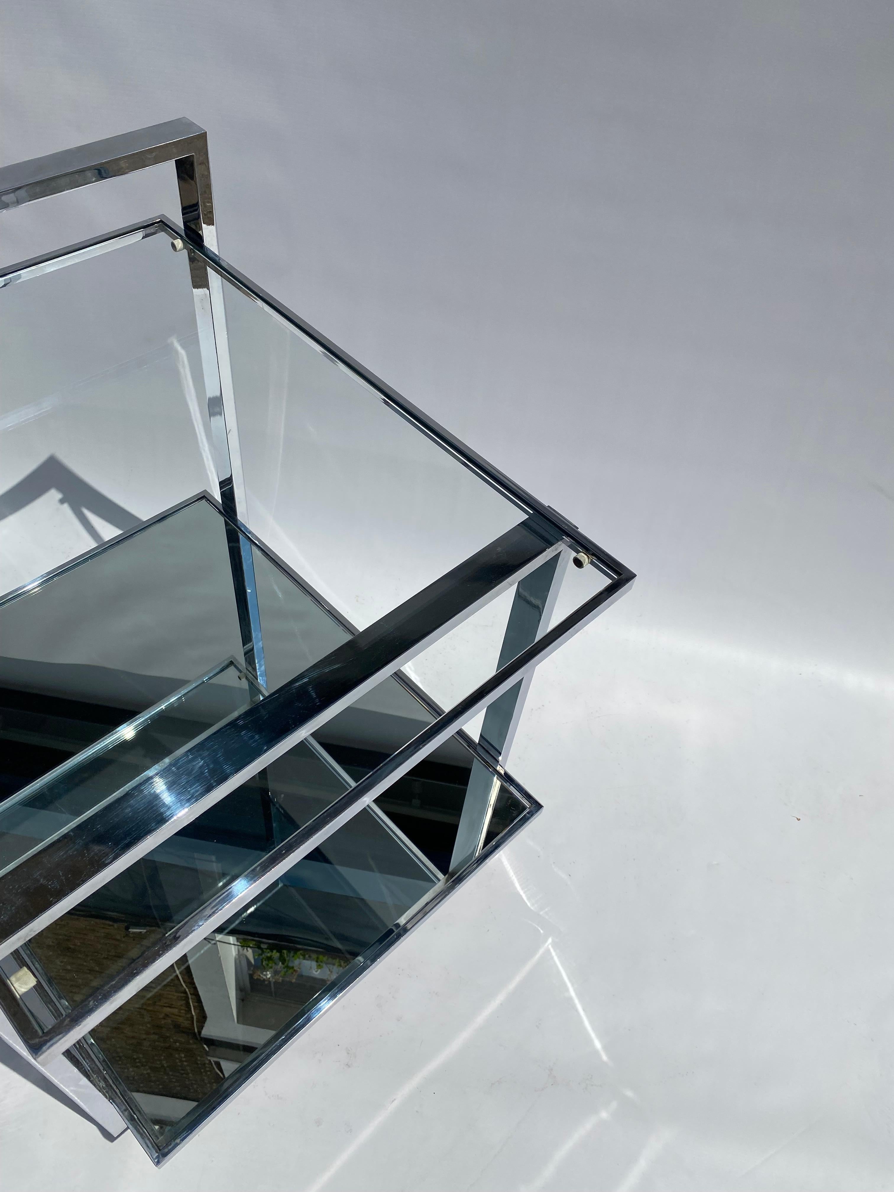 1970s Square Bar Cart Drinks Trolley Chrome Table Rega Glass Hollywood Regency For Sale 7