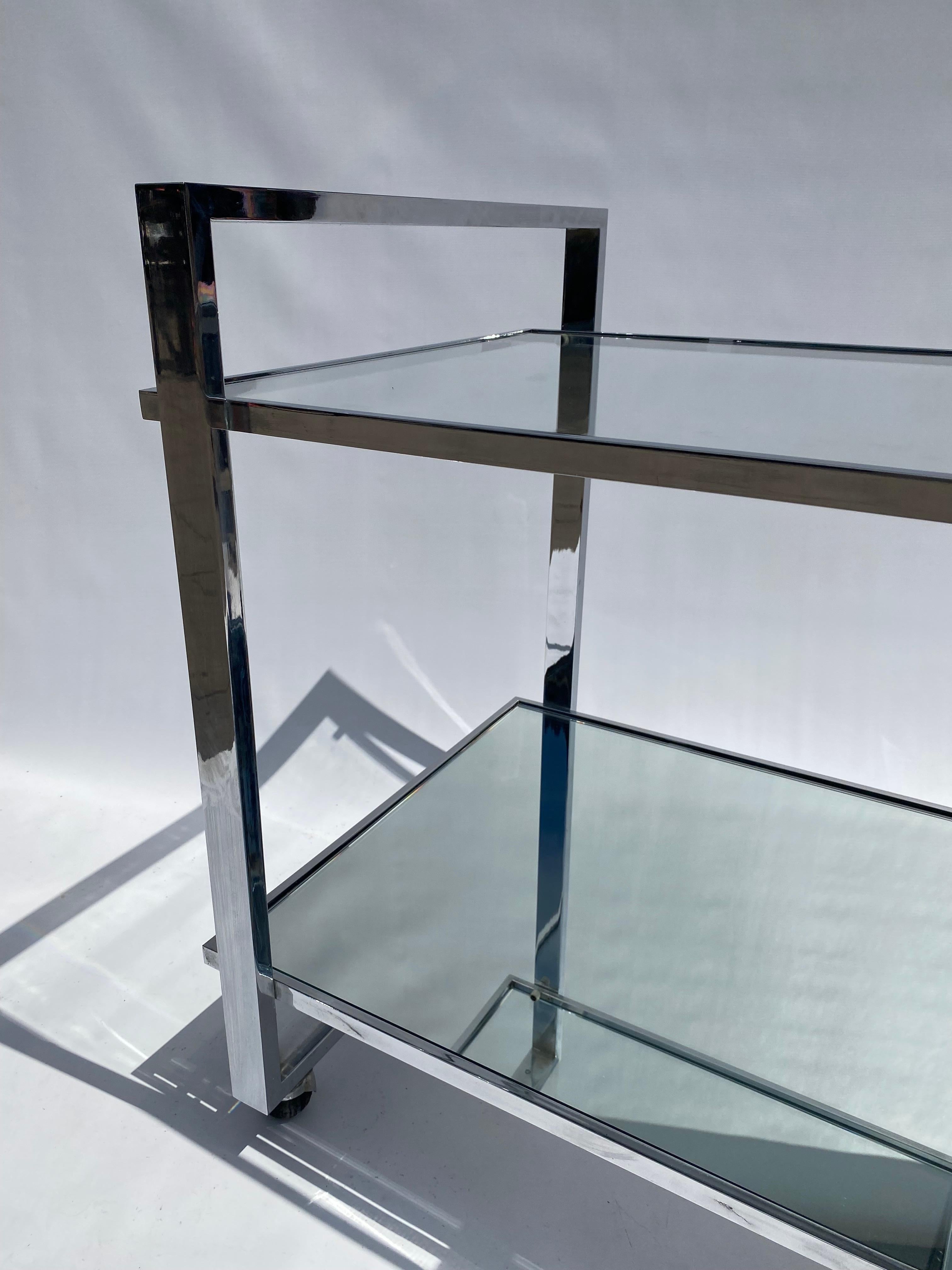 1970s Square Bar Cart Drinks Trolley Chrome Table Rega Glass Hollywood Regency For Sale 8