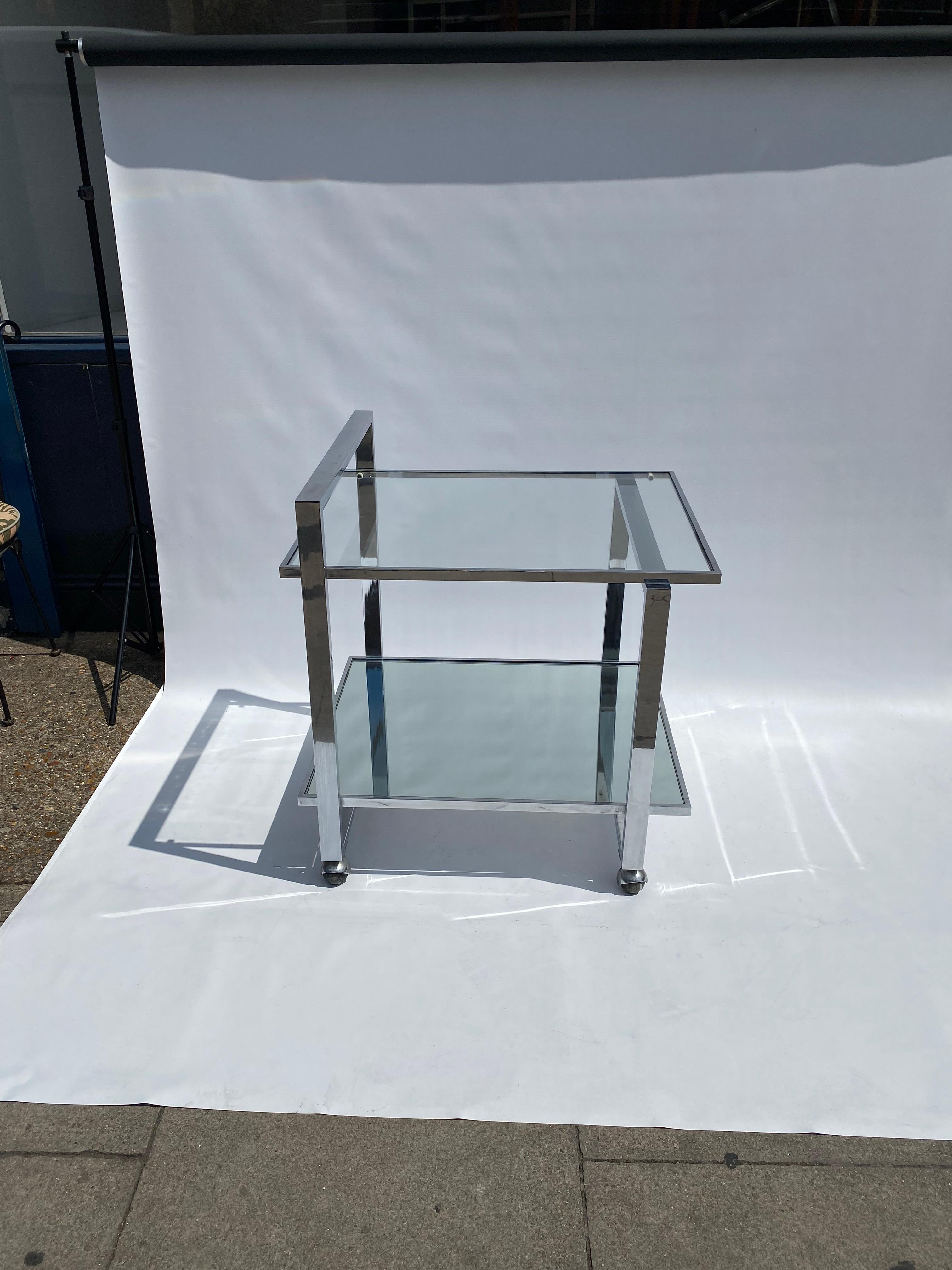 Mid-Century Modern 1970s Square Bar Cart Drinks Trolley Chrome Table Rega Glass Hollywood Regency For Sale