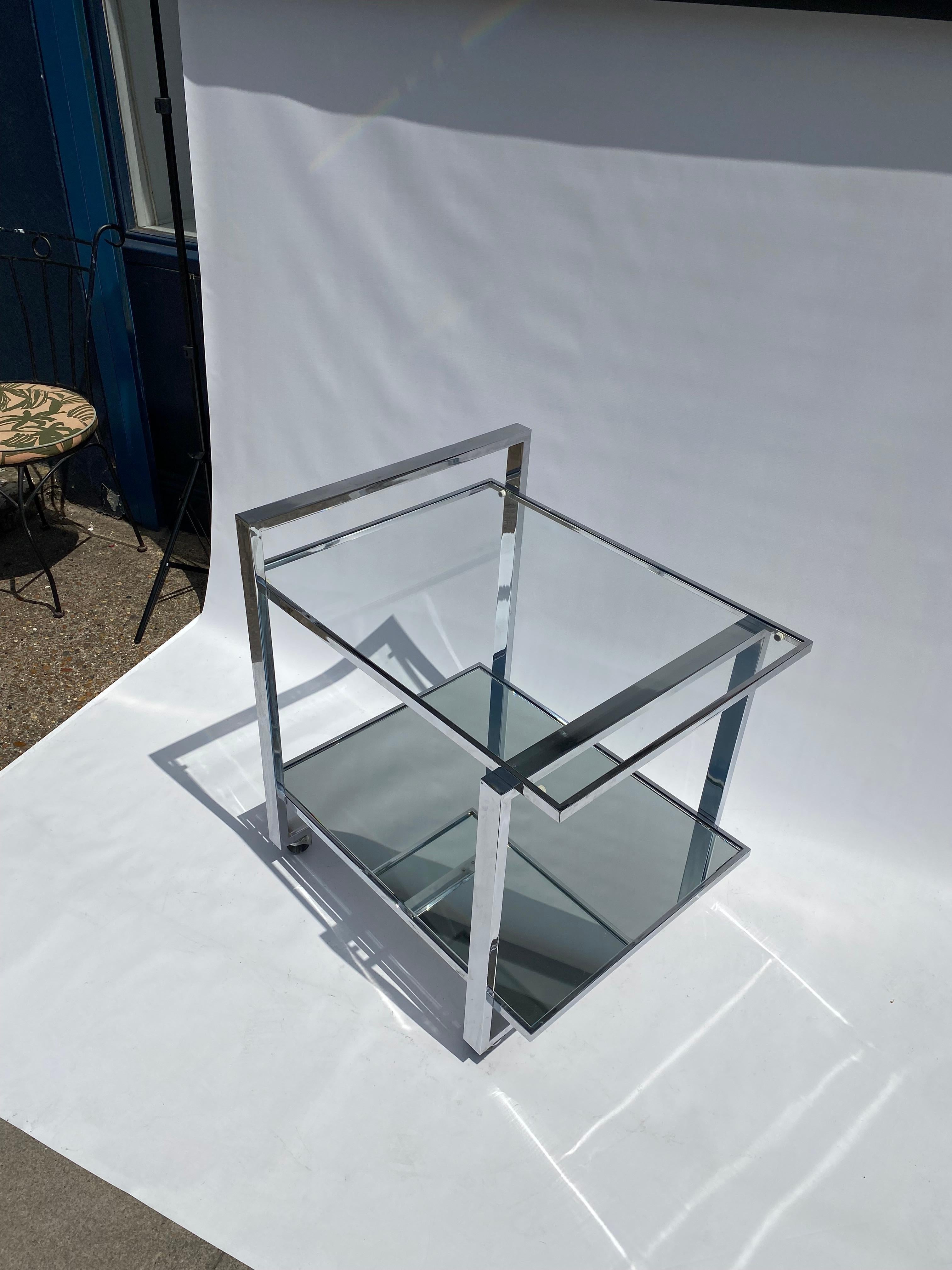 Italian 1970s Square Bar Cart Drinks Trolley Chrome Table Rega Glass Hollywood Regency For Sale