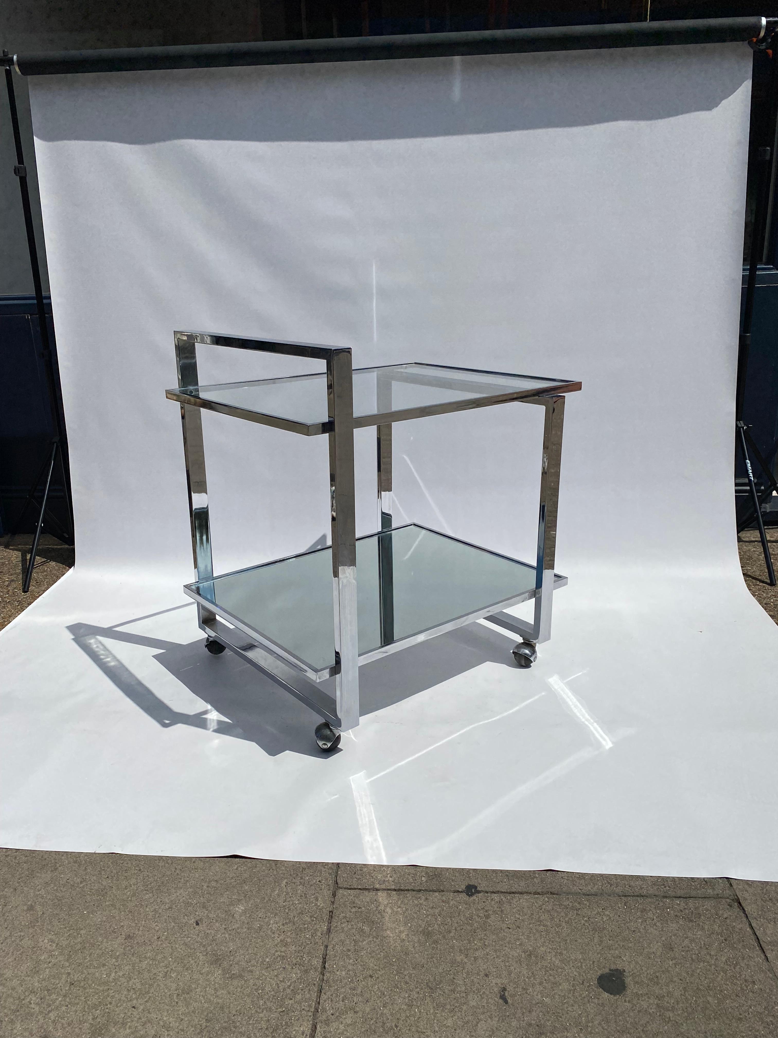 Late 20th Century 1970s Square Bar Cart Drinks Trolley Chrome Table Rega Glass Hollywood Regency For Sale