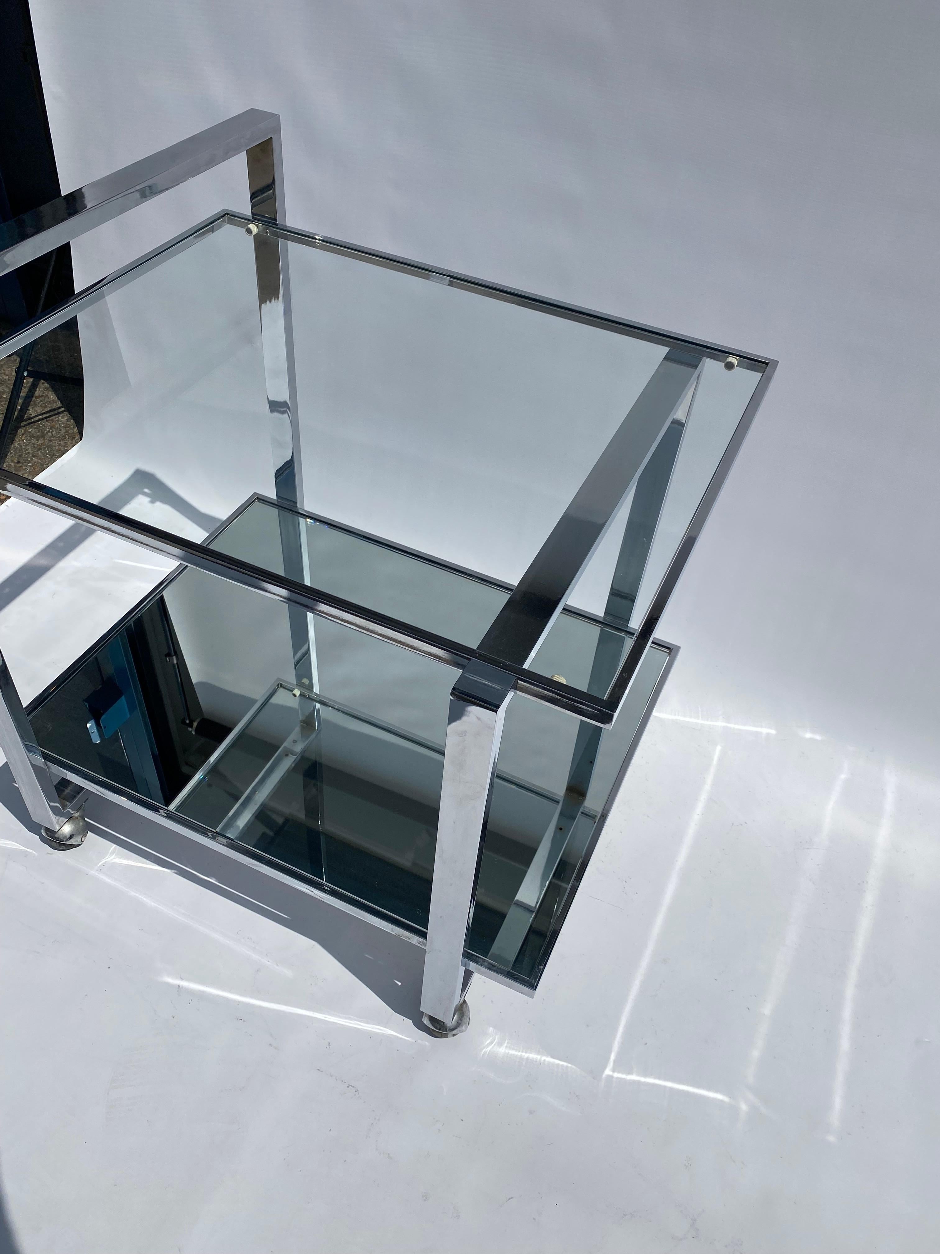 Metal 1970s Square Bar Cart Drinks Trolley Chrome Table Rega Glass Hollywood Regency For Sale