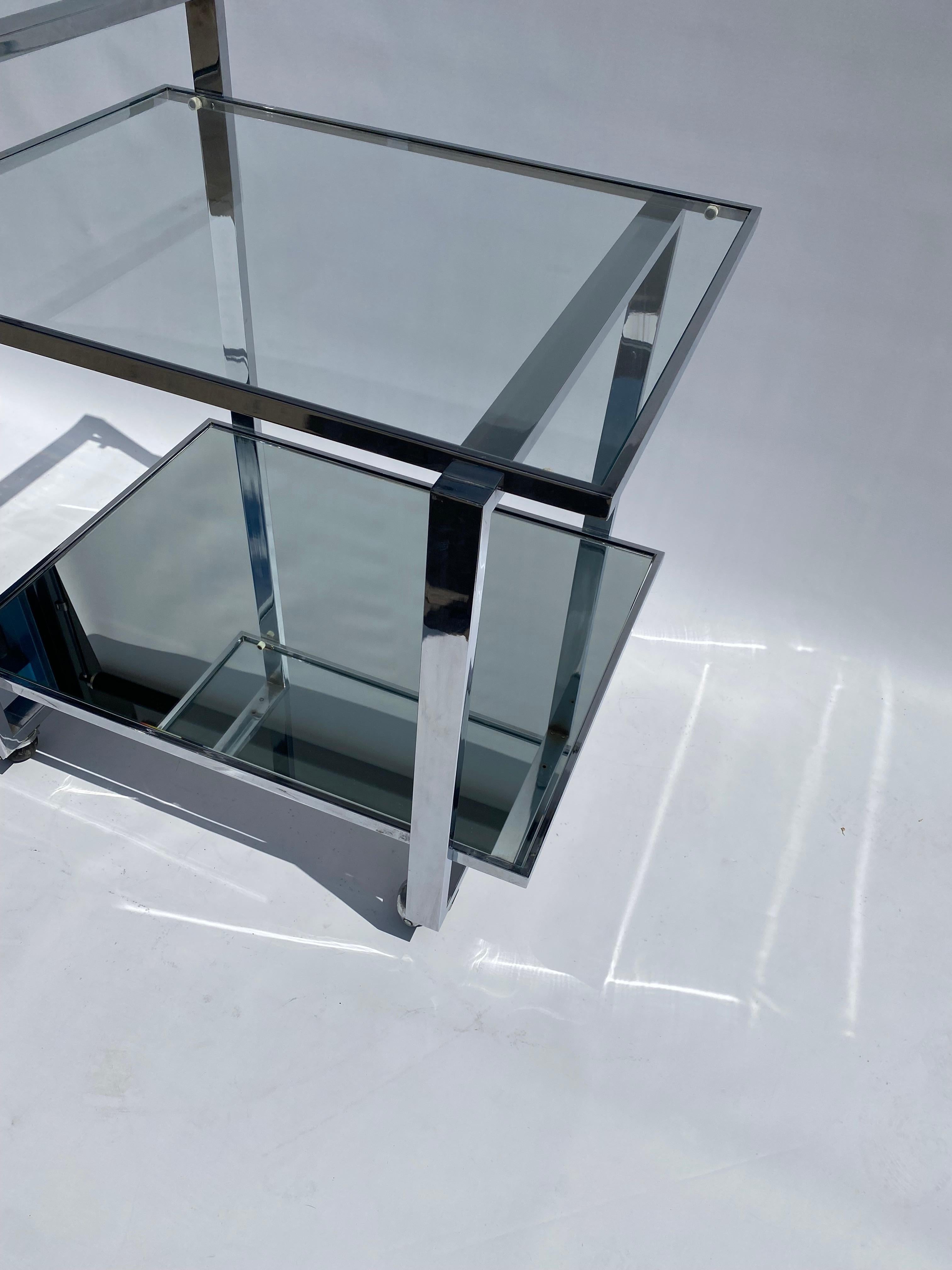 1970s Square Bar Cart Drinks Trolley Chrome Table Rega Glass Hollywood Regency For Sale 1