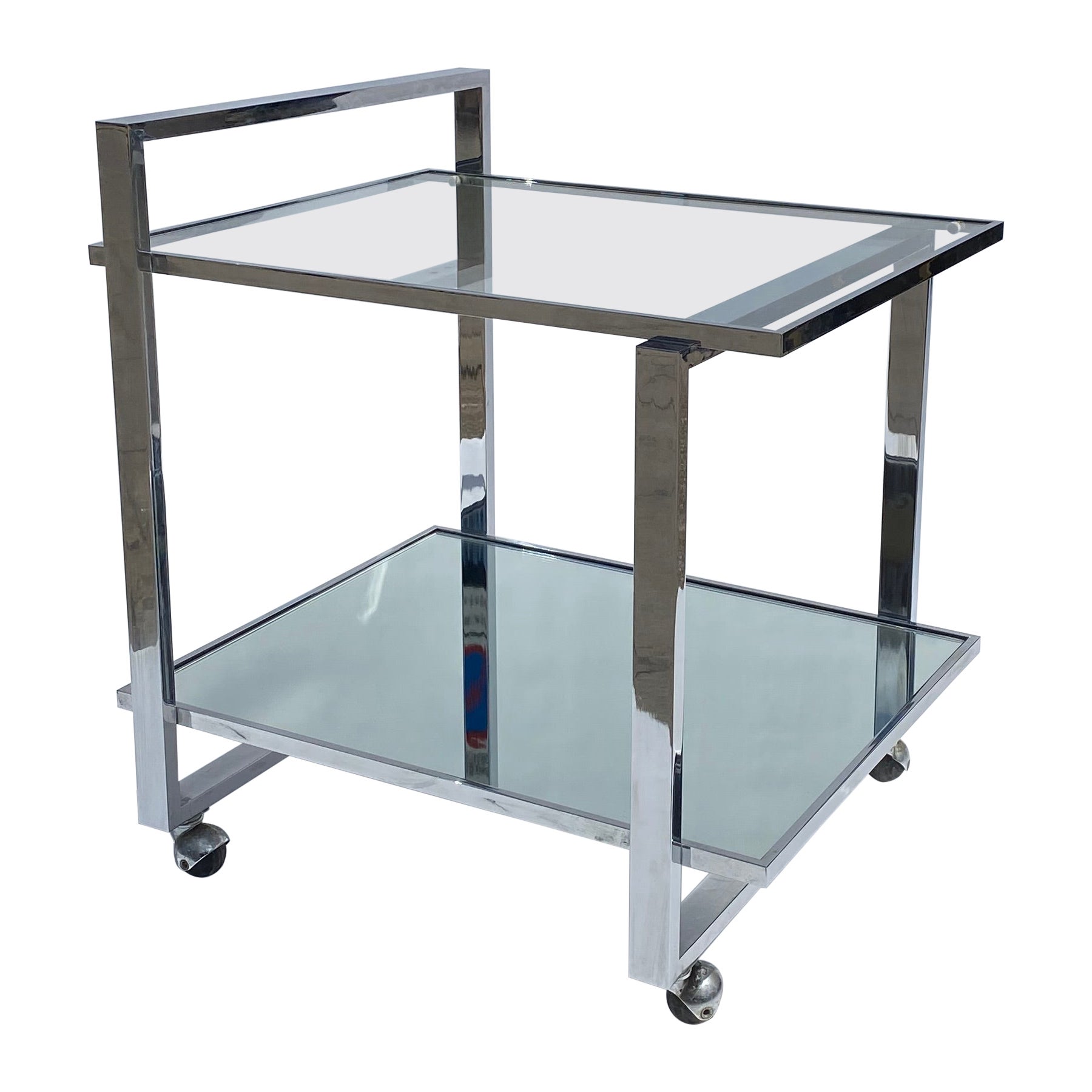 1970 Square Bar Cart Drinks Trolley Chrome Table Rega Glass Hollywood Regency