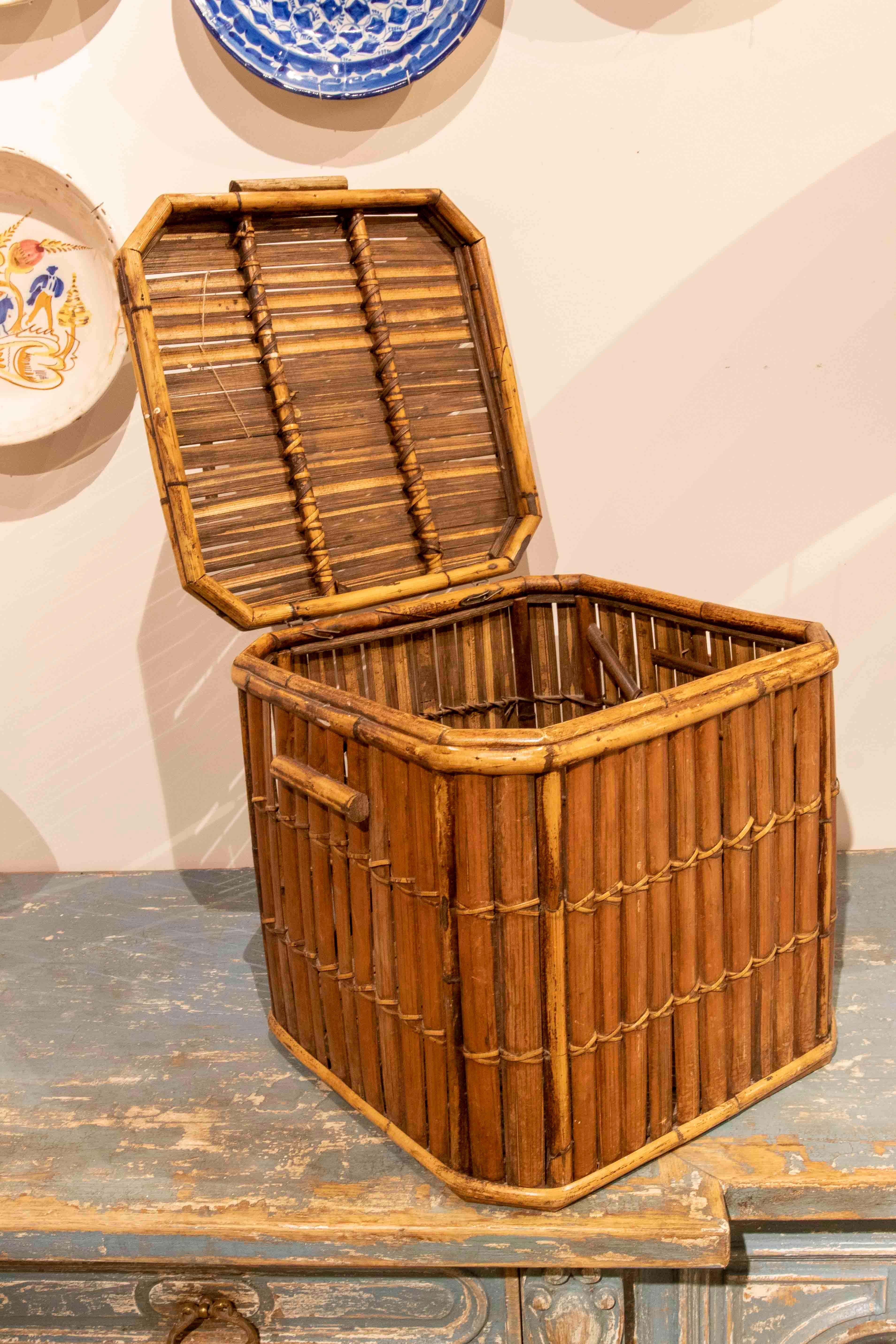 European 1970s Square Basket with Decorative Bamboo Lid  For Sale