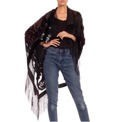 1970S Square Floral Burnout Velvet Scarf With Fringe