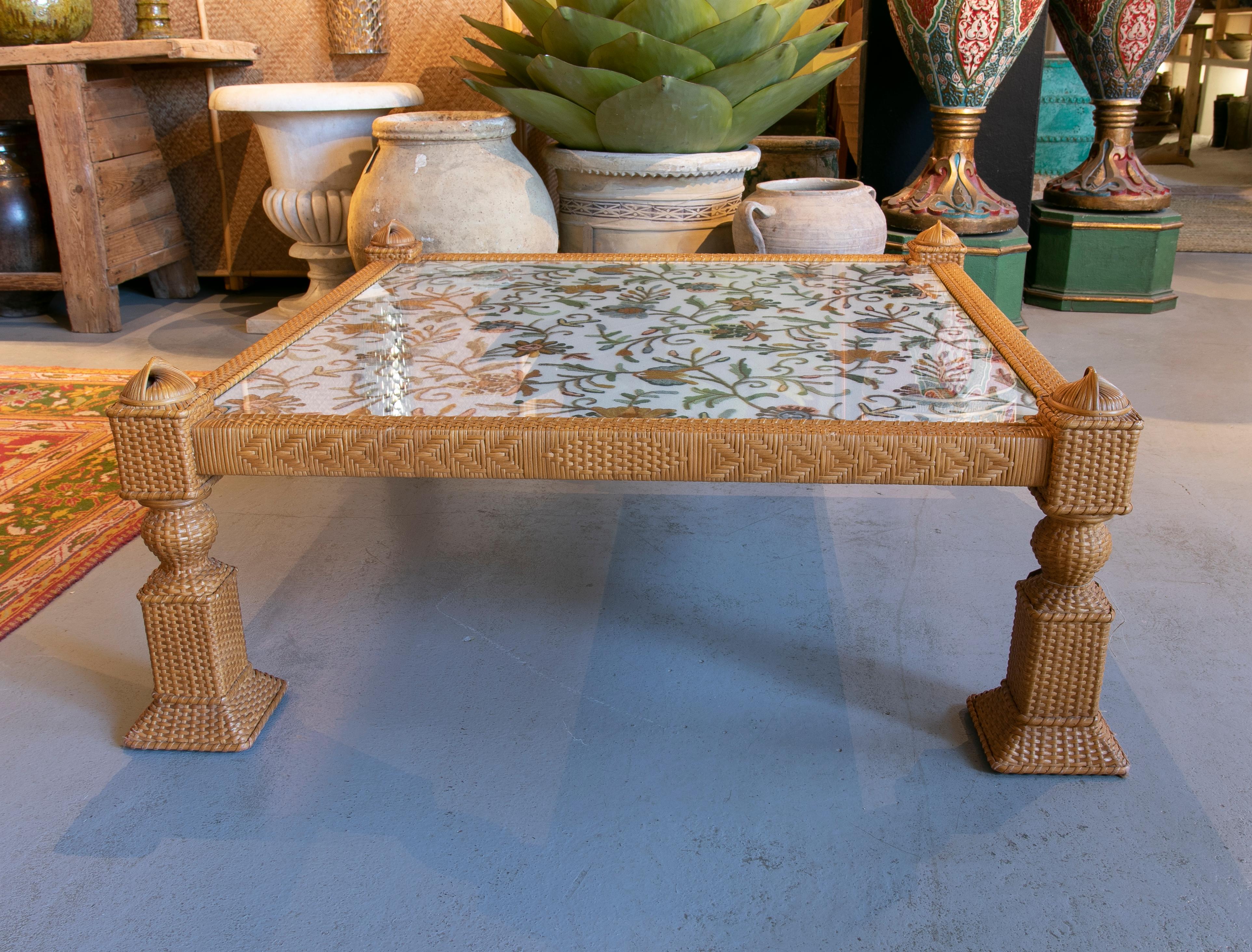 1970s square handmade wicker coffee table with embroidery.