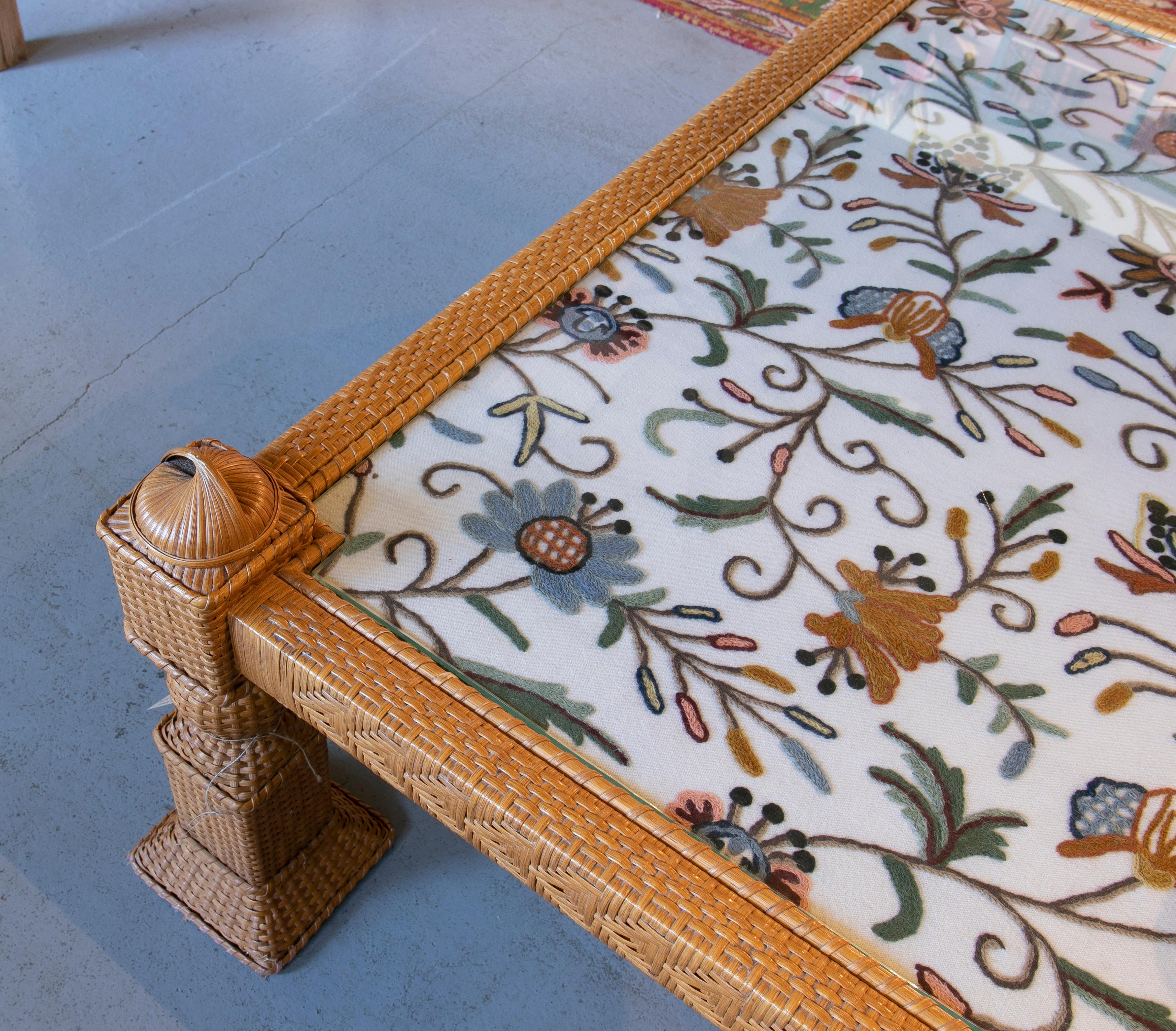 1970s Square Handmade Wicker Coffee Table with Embroidery 1