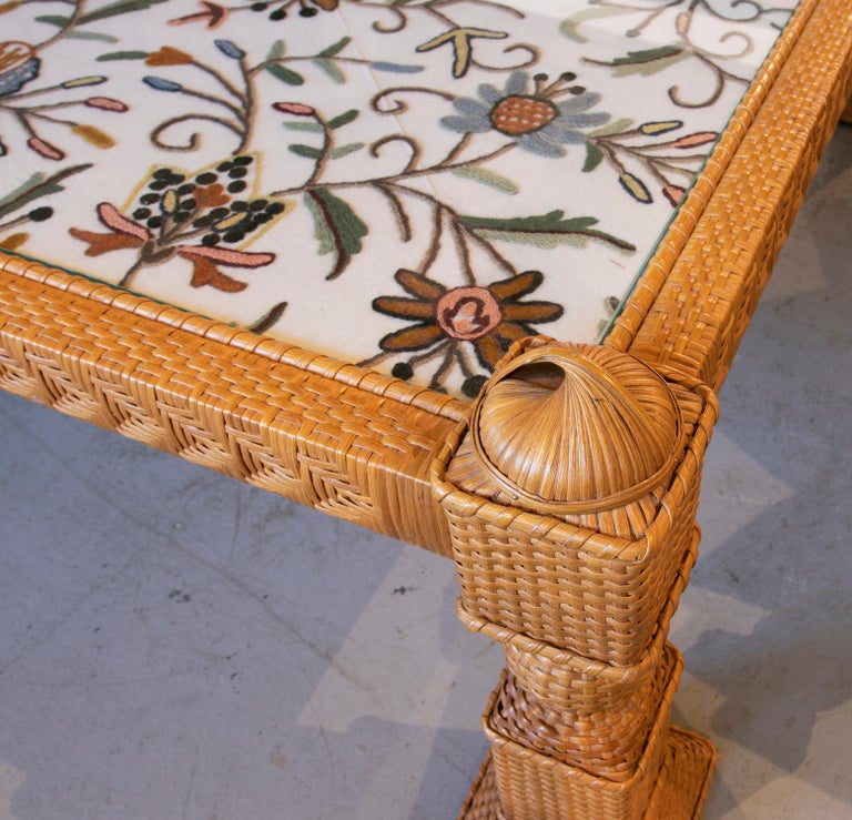 1970s Square Handmade Wicker Coffee Table with Embroidery For Sale 3