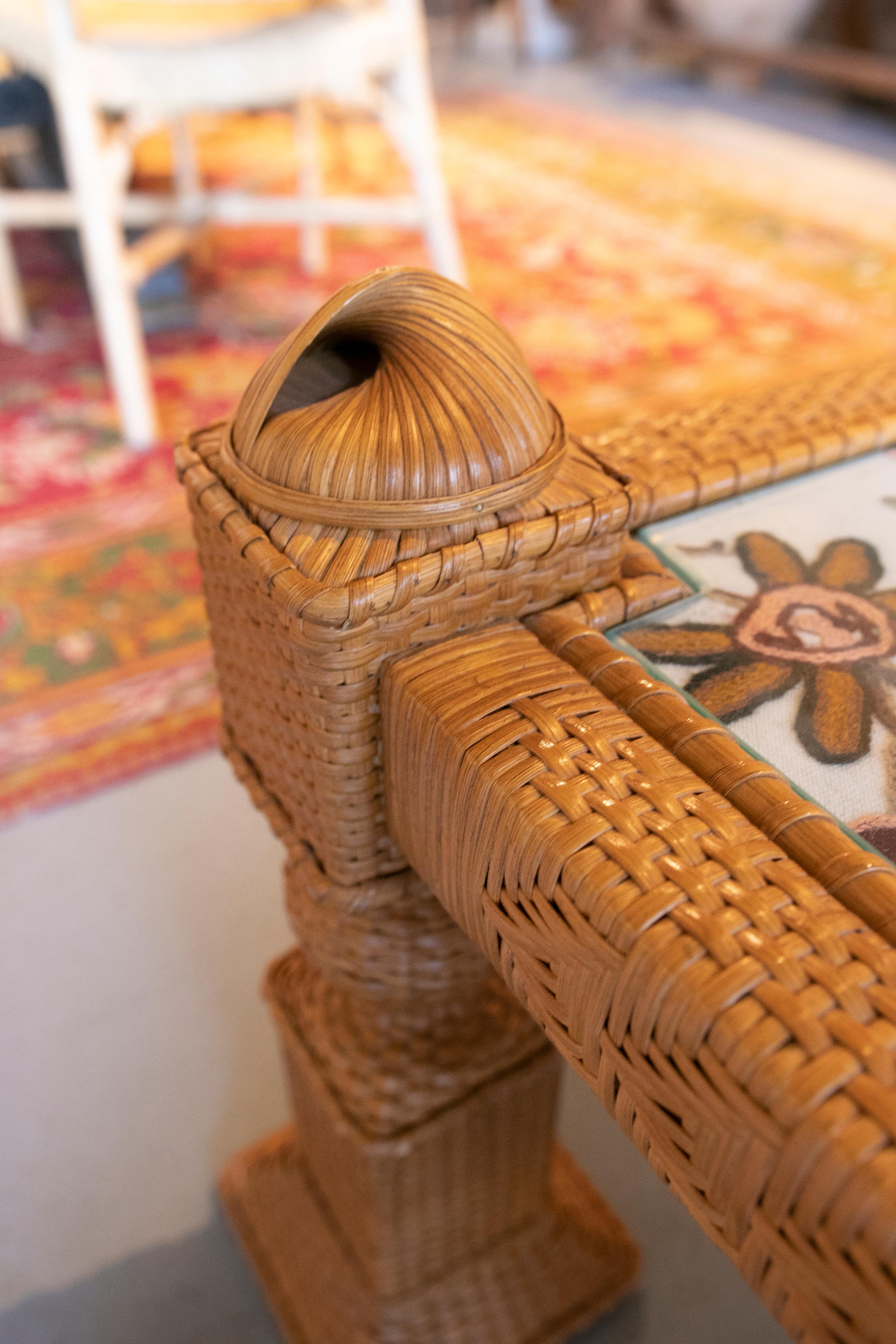 1970s Square Handmade Wicker Coffee Table with Embroidery 4