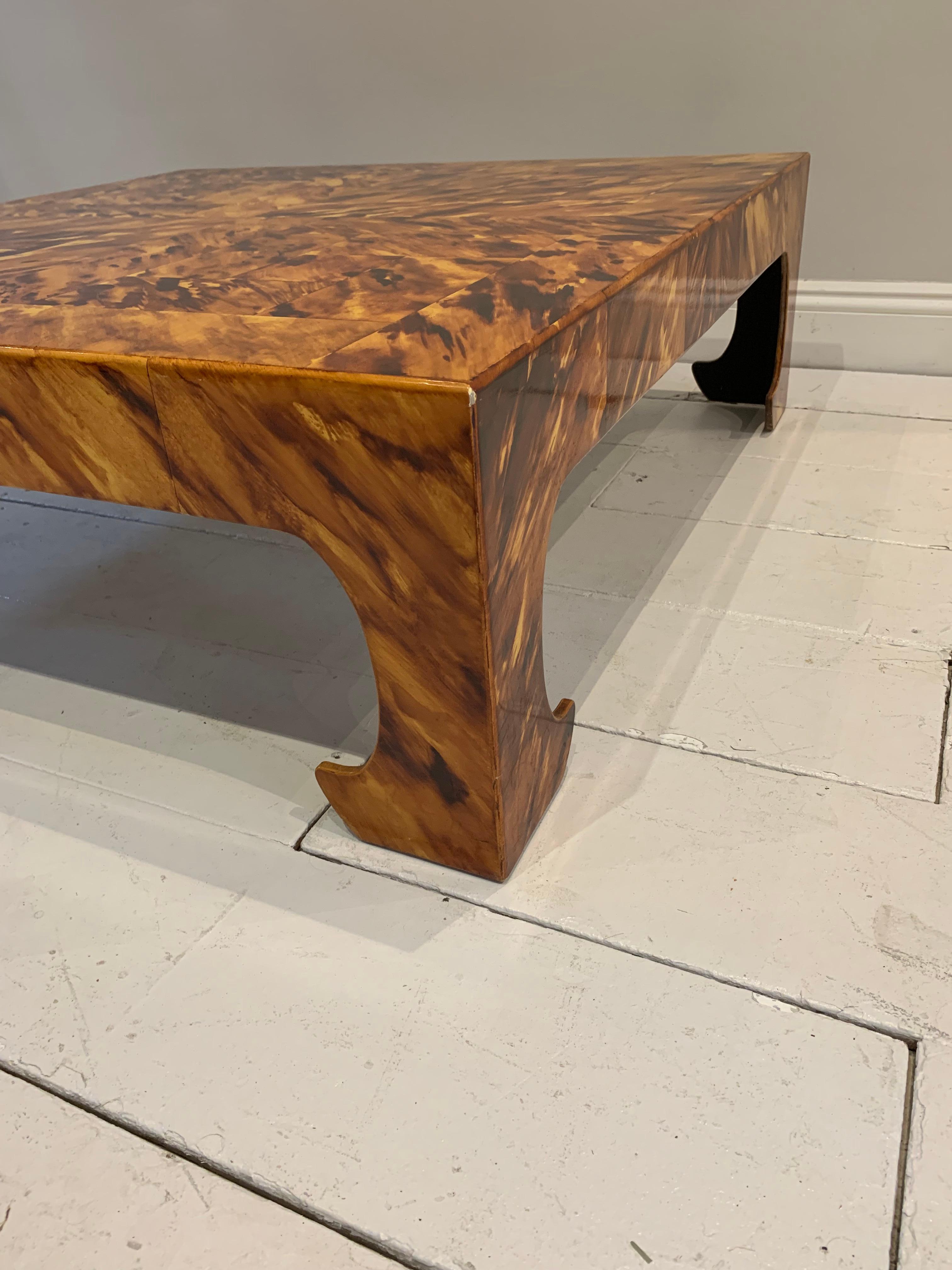 A good size and striking painted tortoiseshell coffee table in a Chinese style.
The table dates back to the 1970s and was likely to have been custom made at the time. A useful table which would work well in a contemporary or a more classic