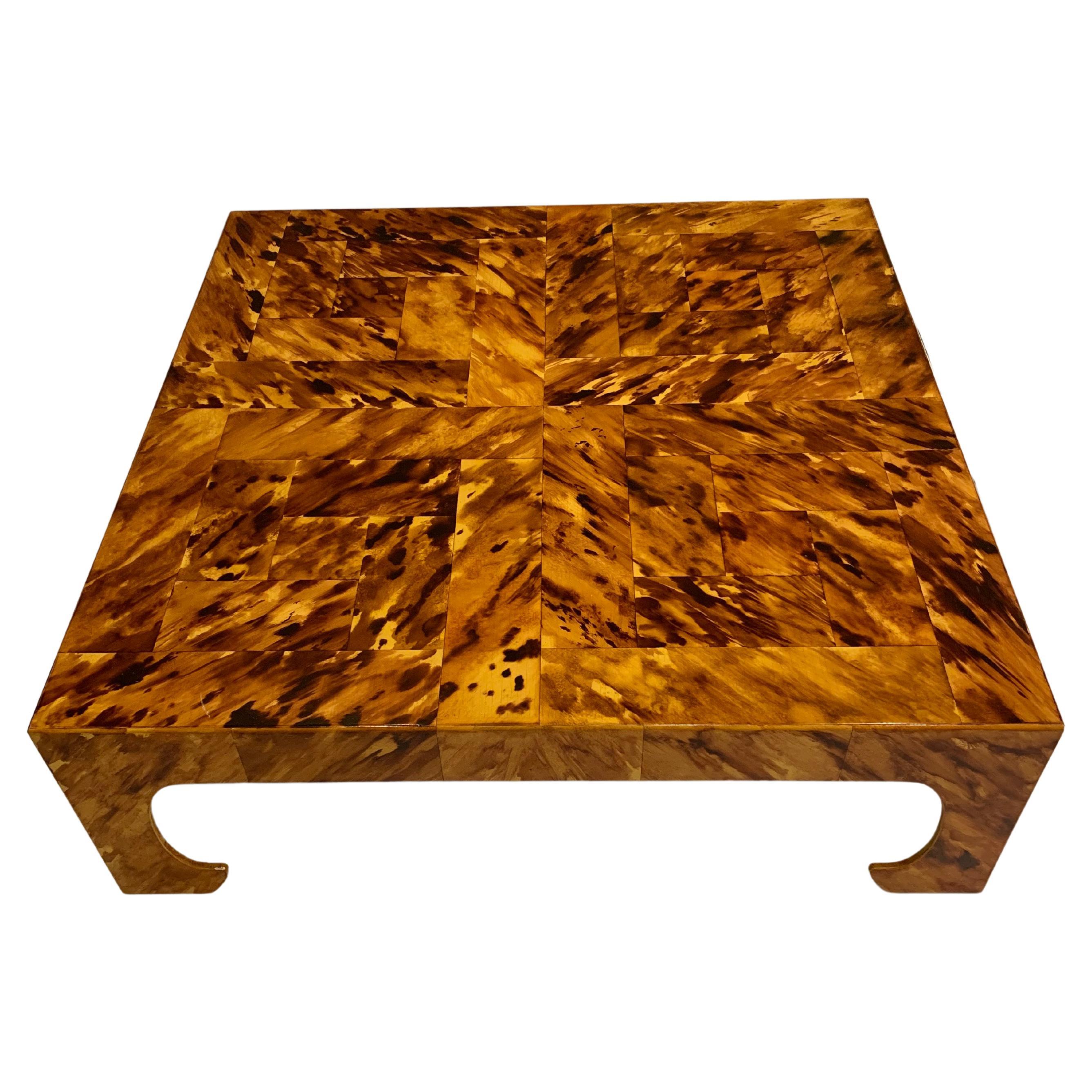1970s Square Low Italian Painted Wood Faux Tortoiseshell Style Coffee Table