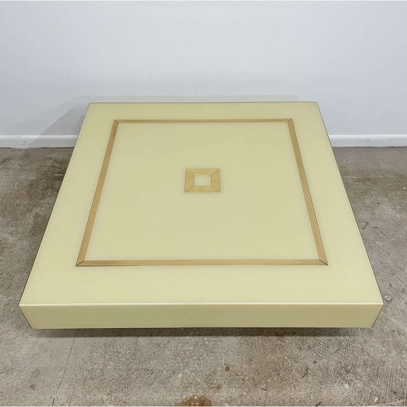 Mid-Century Modern 1970's Square Stepped Coffee Table with Cream Laquer and Brass Inlay For Sale