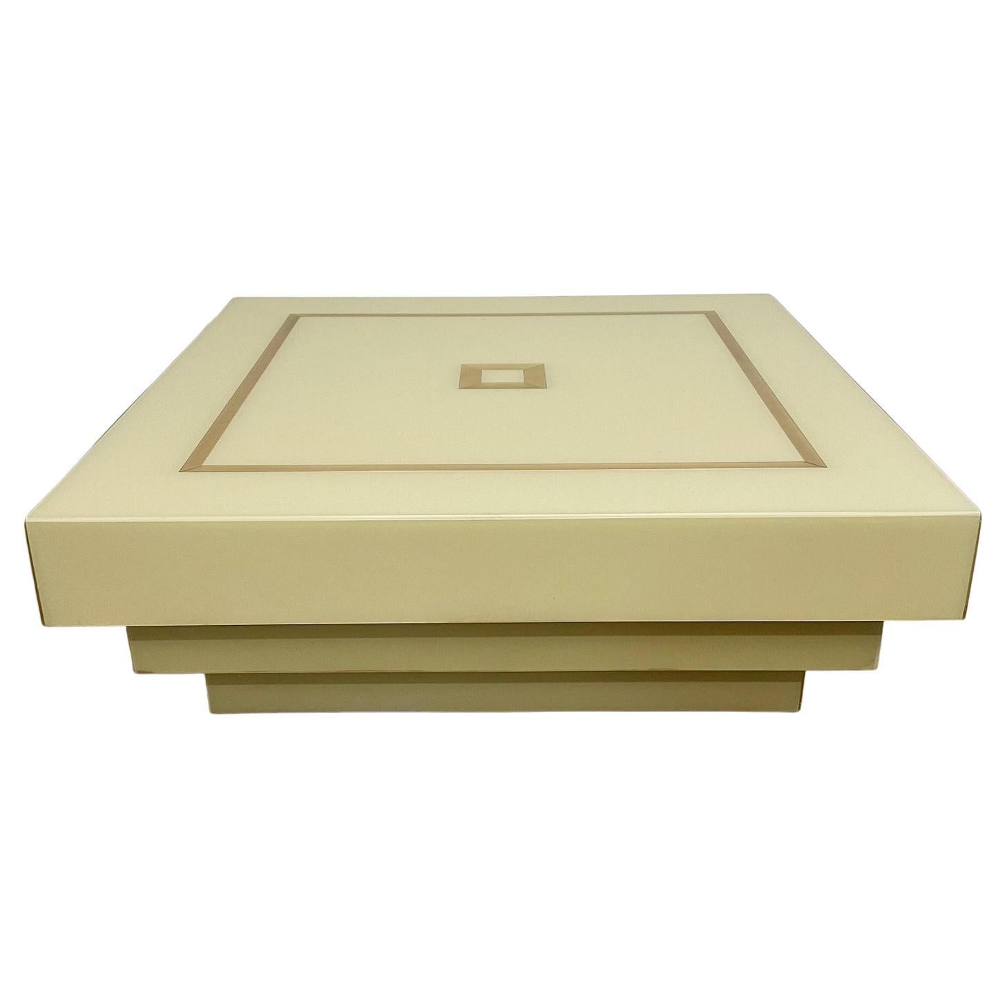 1970's Square Stepped Coffee Table with Cream Laquer and Brass Inlay For Sale