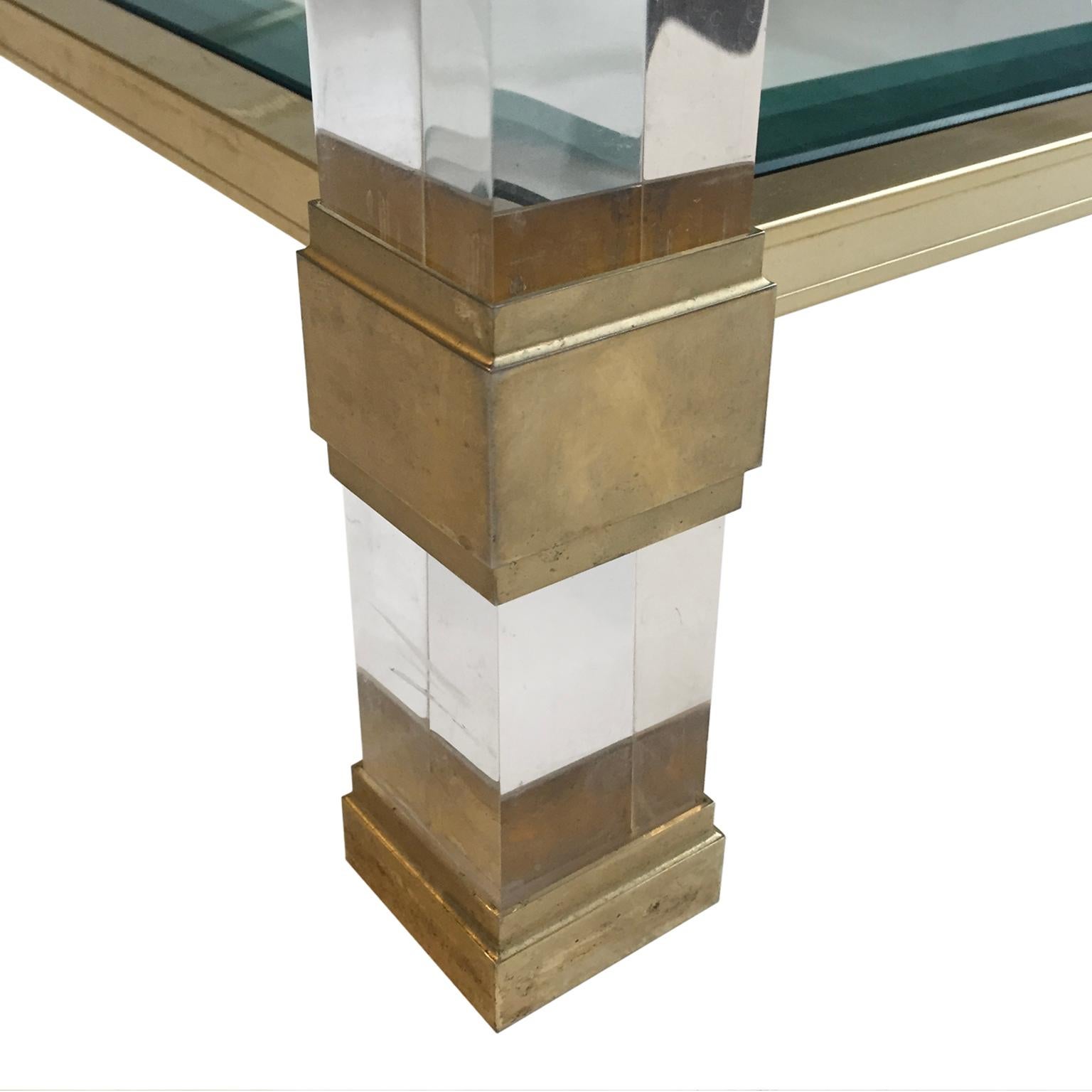1970s Square Two-Tier Brass and Lucite Coffee Table In Good Condition In New York, NY