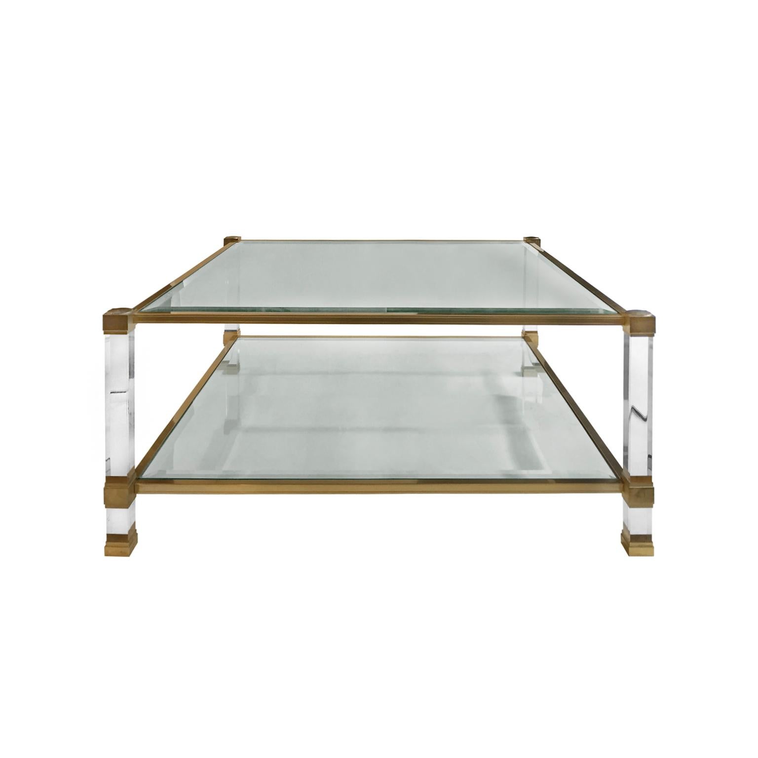 1970s Square Two-Tier Brass and Lucite Coffee Table