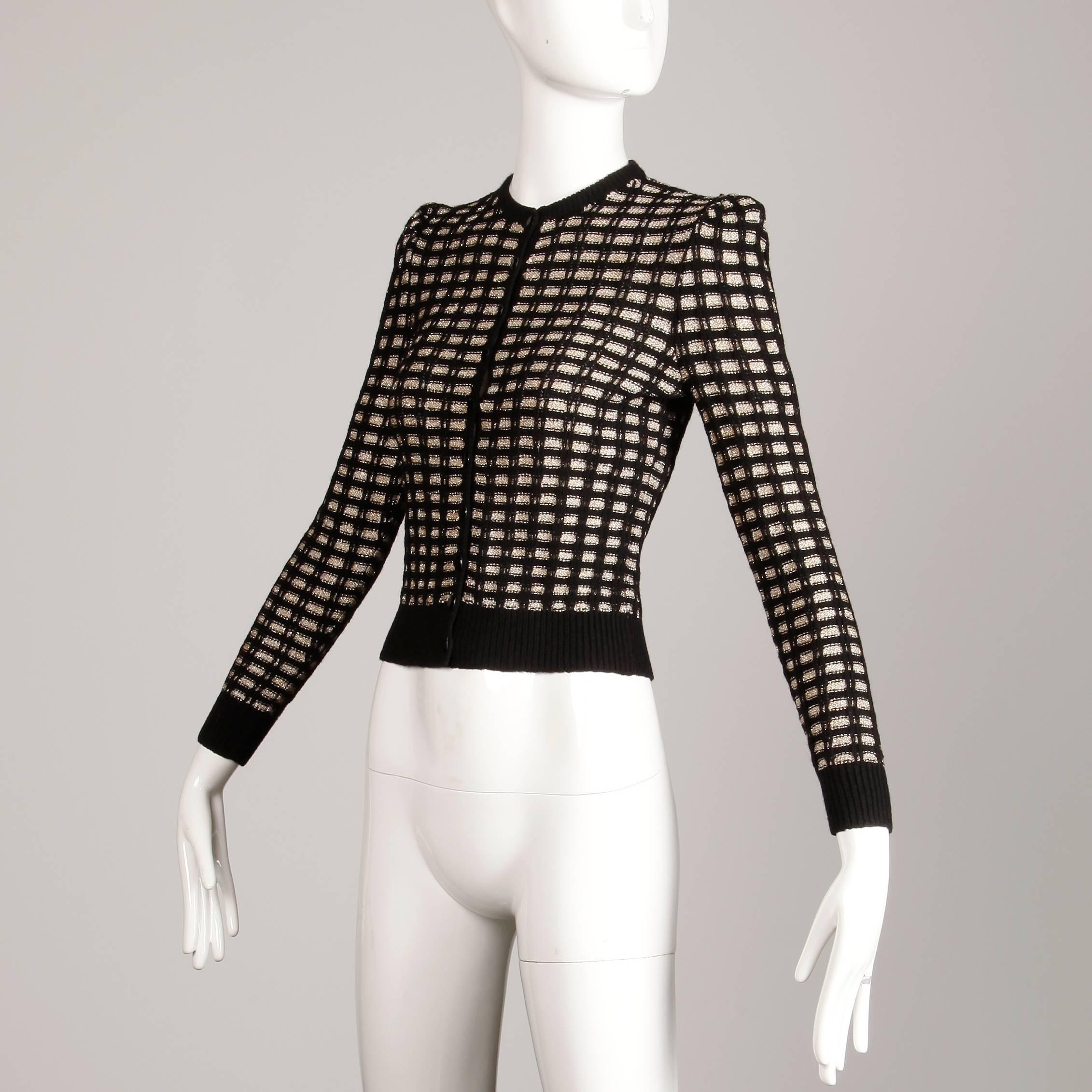 1970s St. John Vintage Knit Metallic Gold + Black Button Up Cardigan Sweater Top In Excellent Condition In Sparks, NV