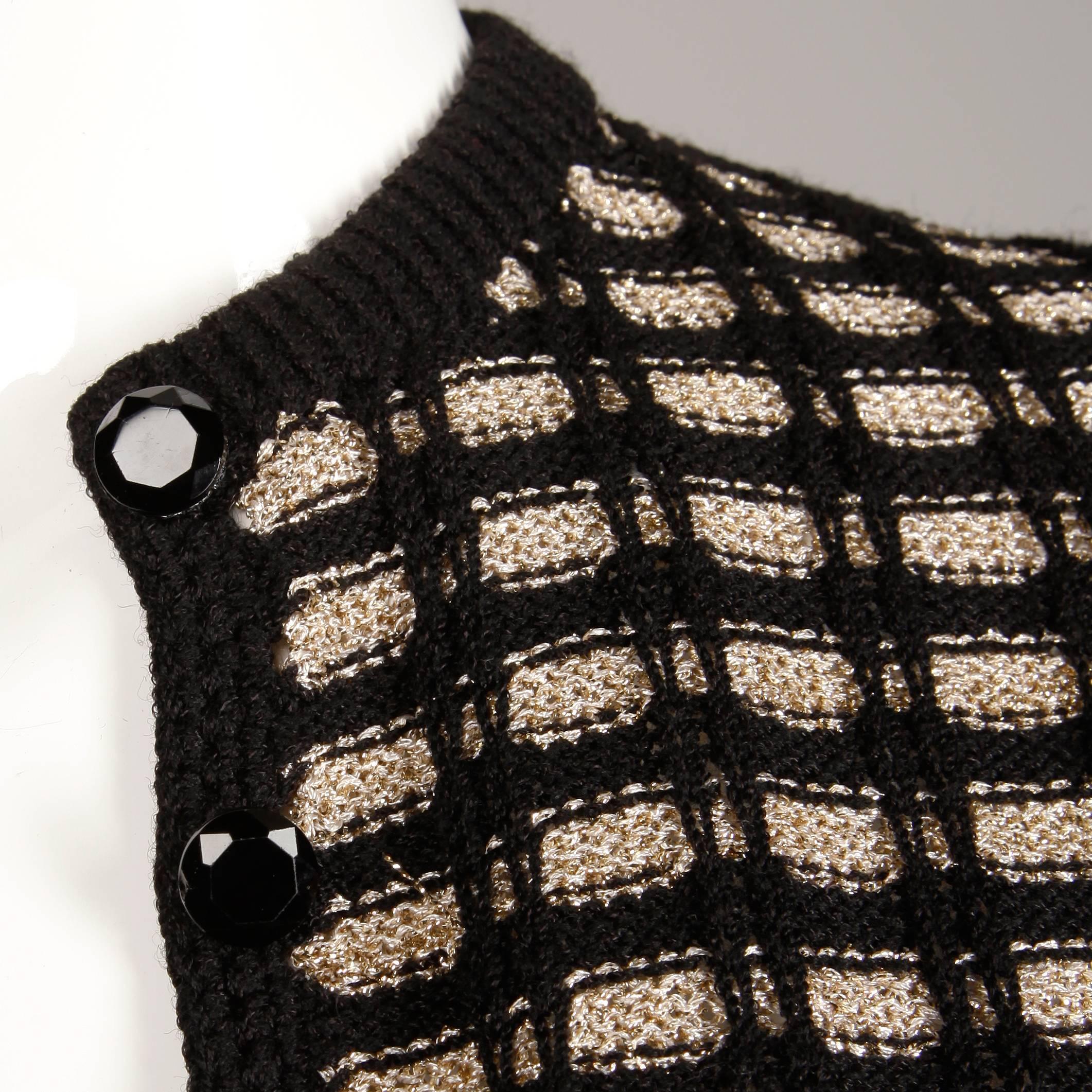 1970s St. John Vintage Knit Metallic Gold + Black Button Up Cardigan Sweater Top 1