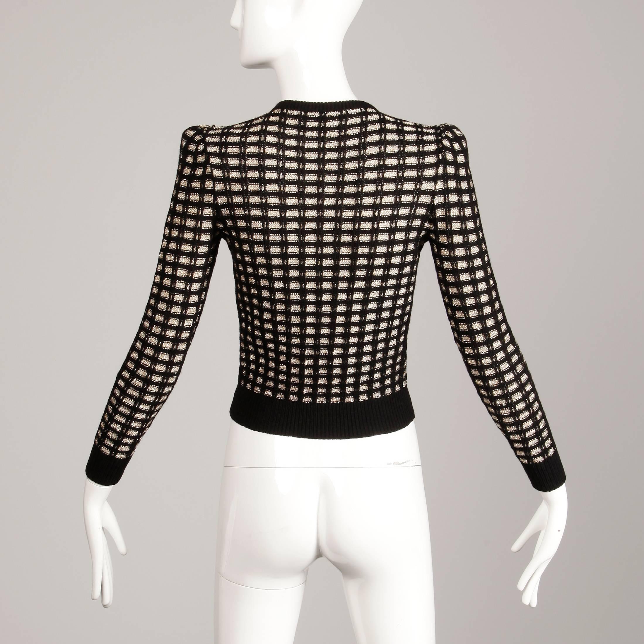 1970s St. John Vintage Knit Metallic Gold + Black Button Up Cardigan Sweater Top 2