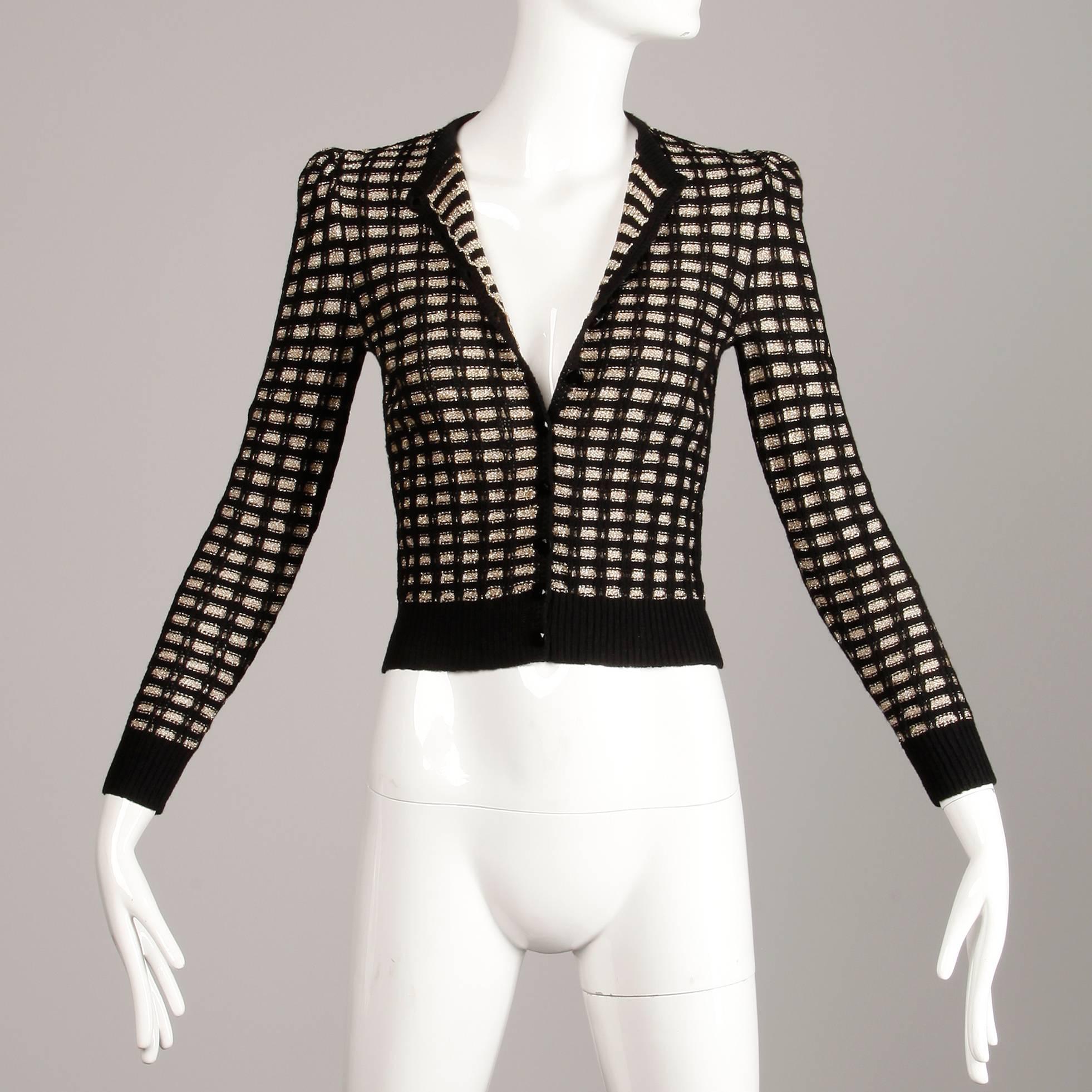 1970s St. John Vintage Knit Metallic Gold + Black Button Up Cardigan Sweater Top 3