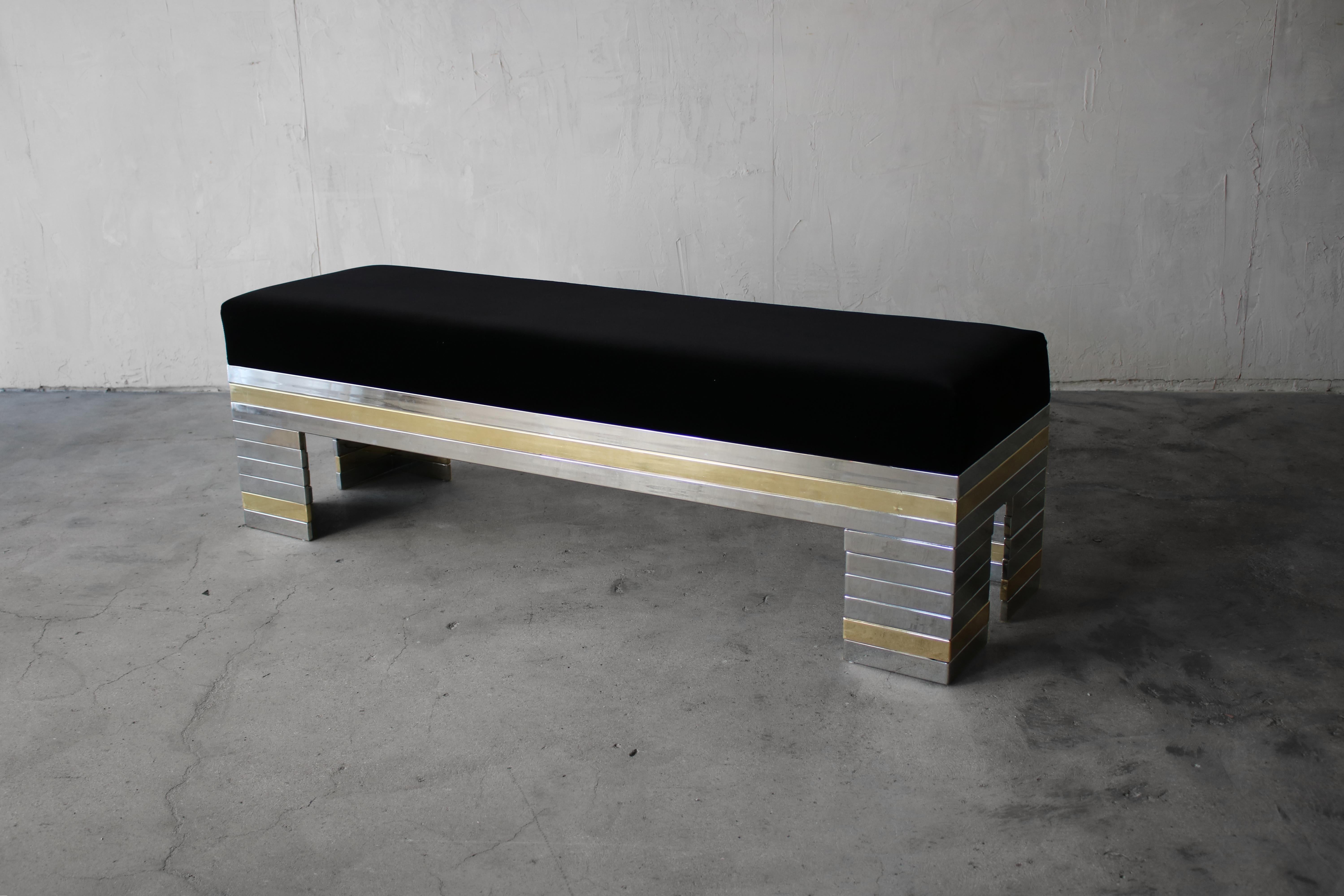 Regency 1970s Stacked Chrome and Brass Bench
