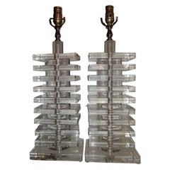 1970s Stacked Hollywood Regency Lucite Lamps, a Pair