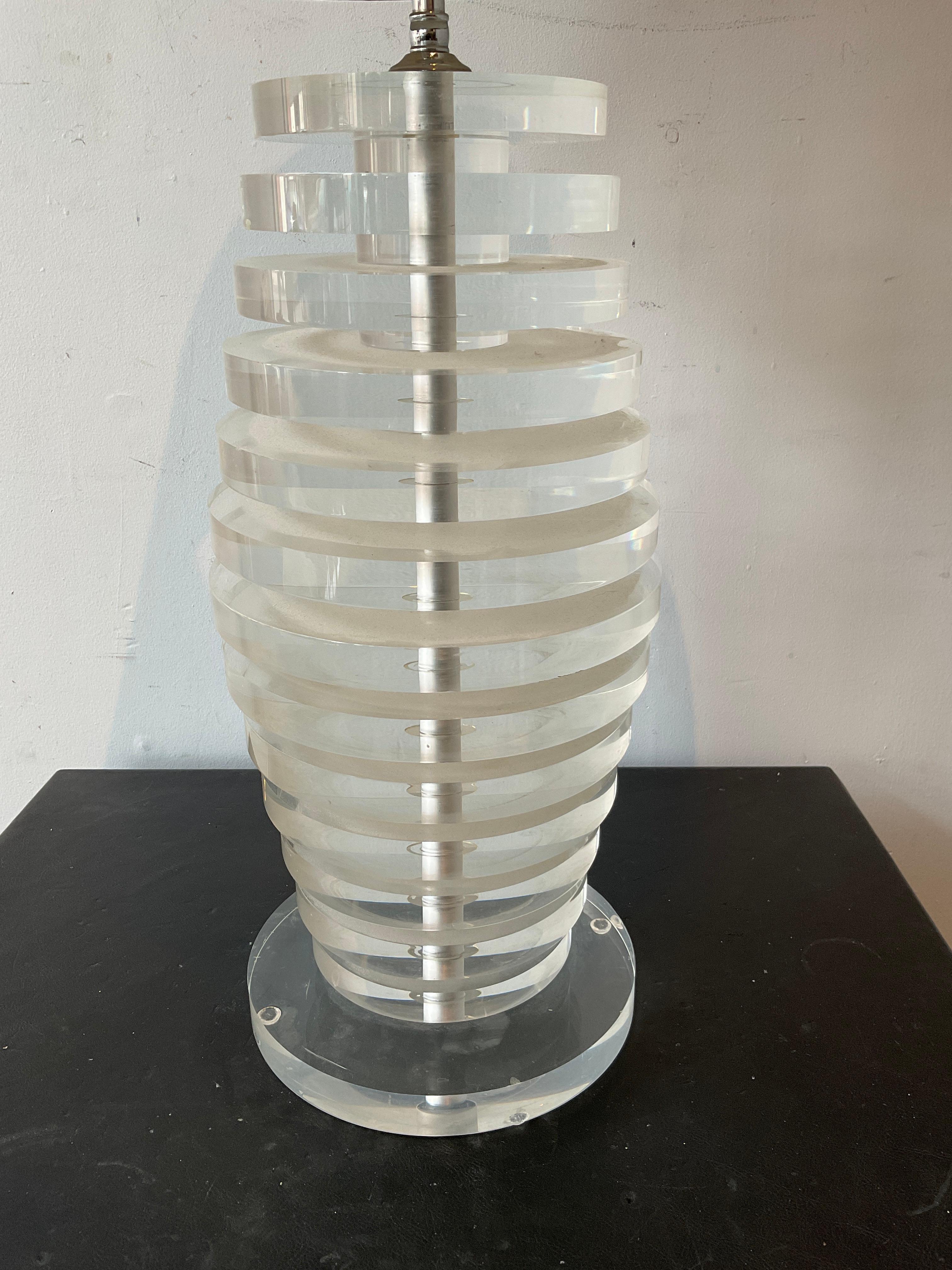 1970s stacked lucite lamp. Shade not included.